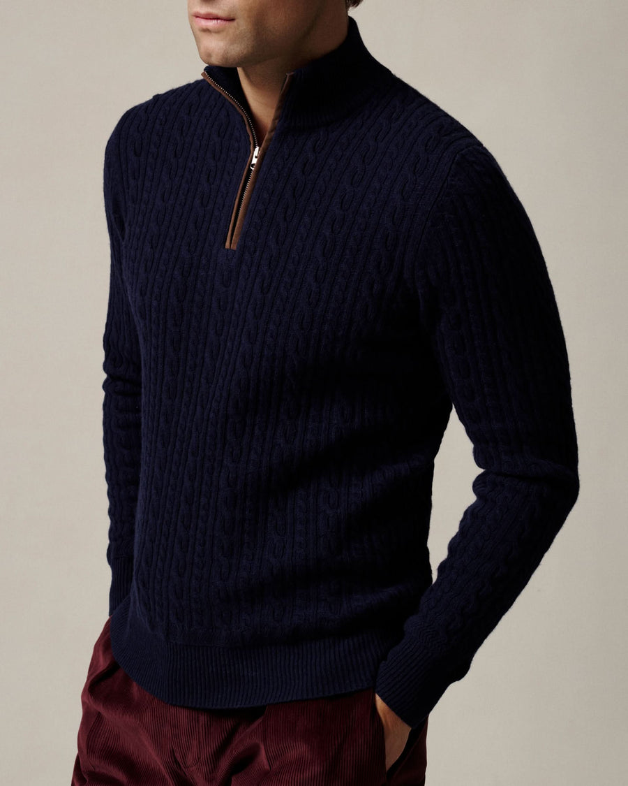 Rae Cable Merino Wool & Cashmere Quarter Zip Jumper Navy