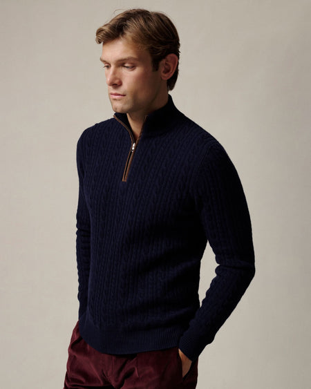 Rae Cable Merino Wool & Cashmere Quarter Zip Jumper Navy