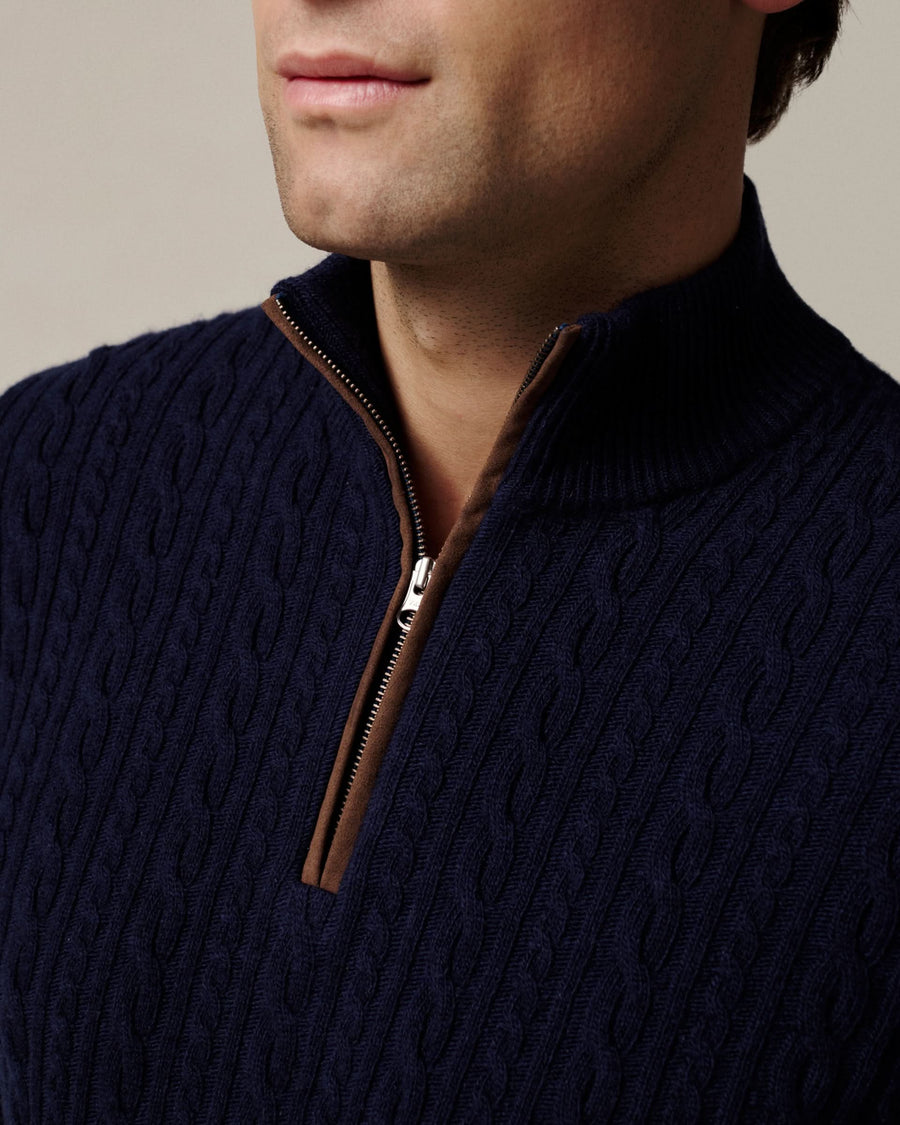 Rae Cable Merino Wool & Cashmere Quarter Zip Jumper Navy