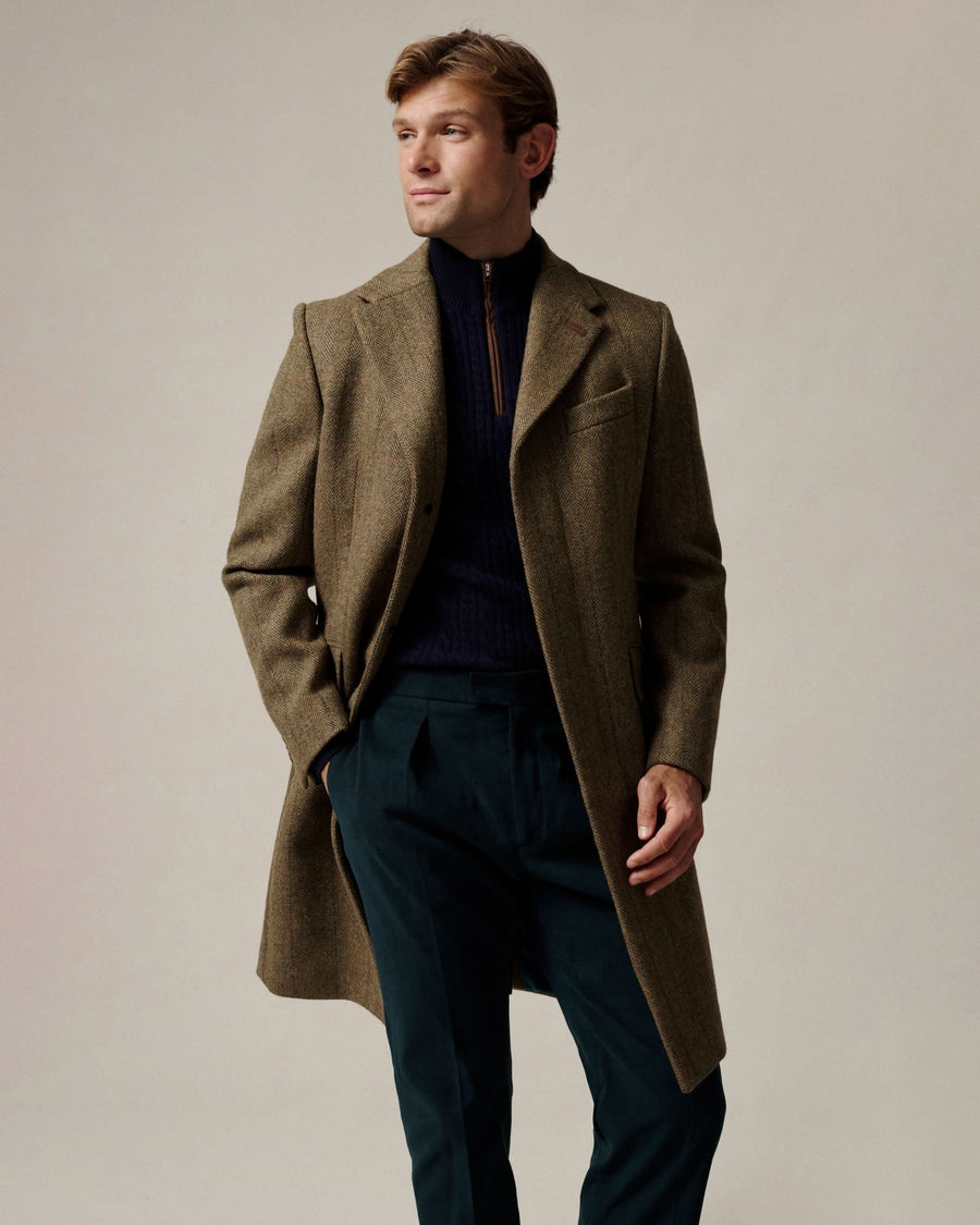 Garth Car Coat Green Herringbone