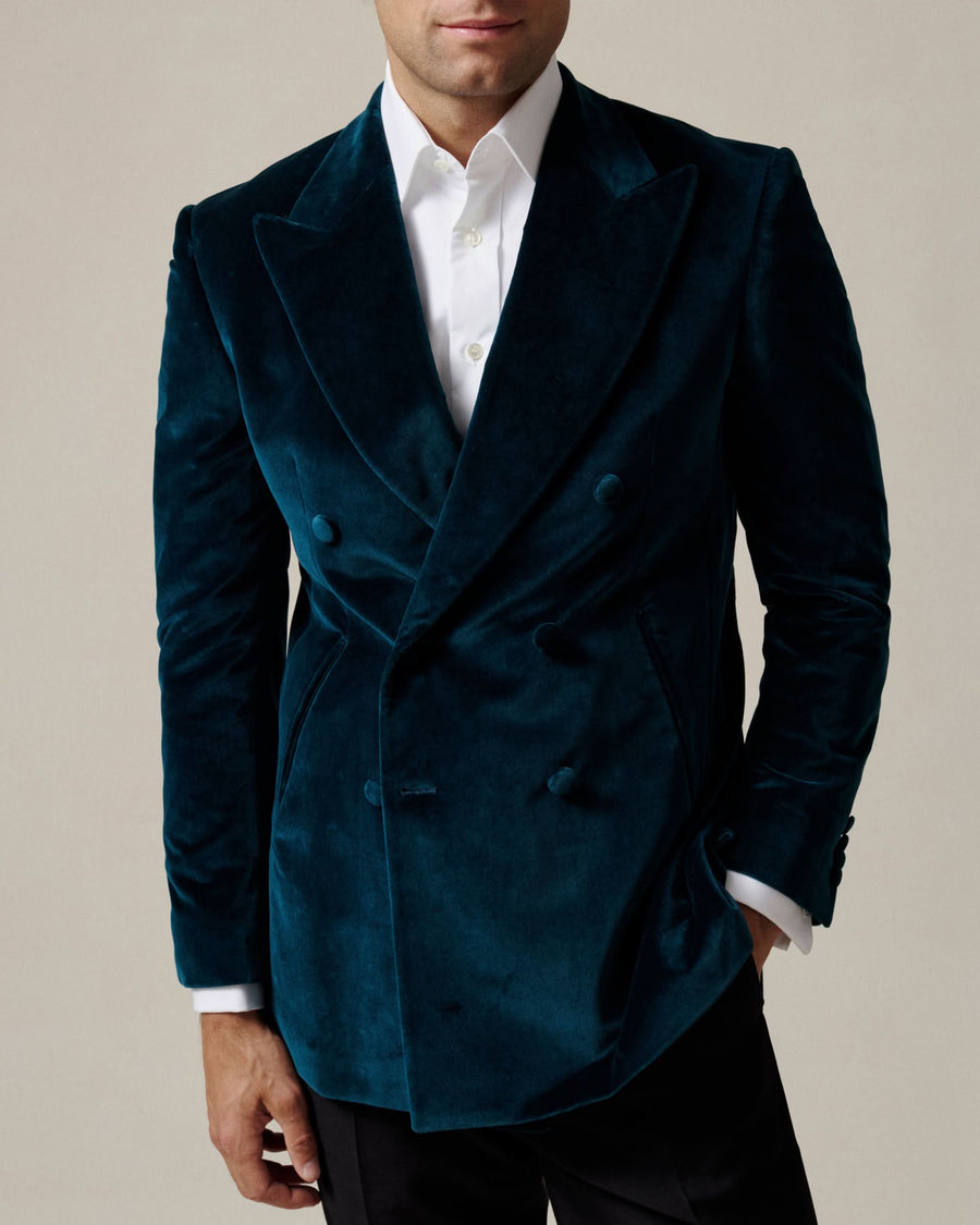 Dennis Cotton Velvet Double Breasted Dress Jacket Teal