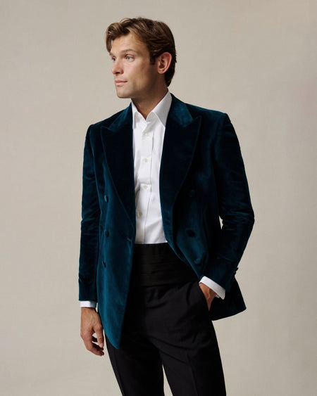 Dennis Cotton Velvet Double Breasted Dress Jacket Teal