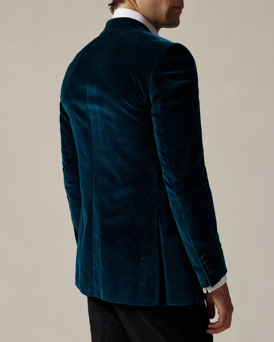 Dennis Cotton Velvet Double Breasted Dress Jacket Teal