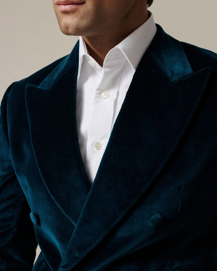 Dennis Cotton Velvet Double Breasted Dress Jacket Teal