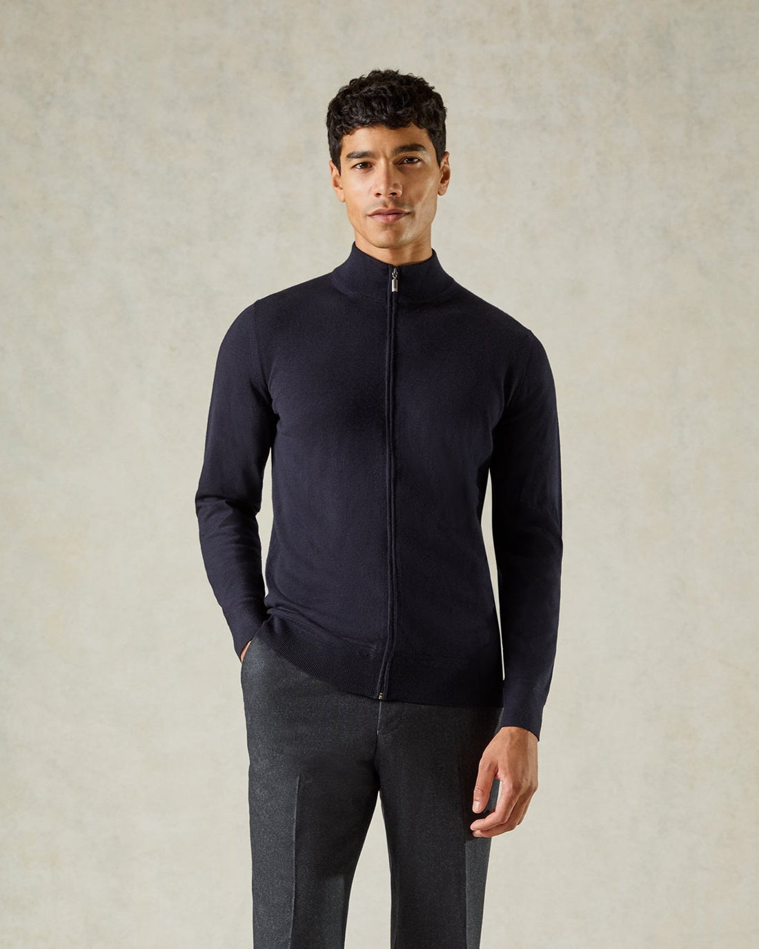 Fraser Ultrafine Merino Wool Full Zip Knit Navy
