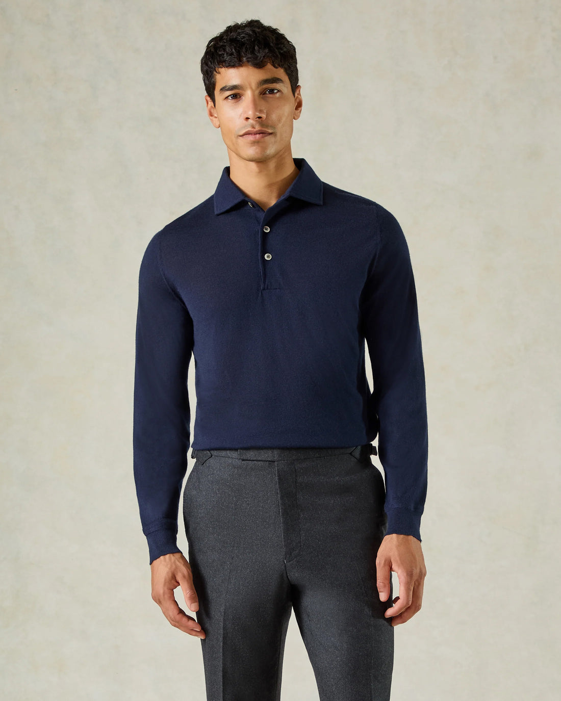 Grant Long Sleeve Merino Polo Shirt Navy