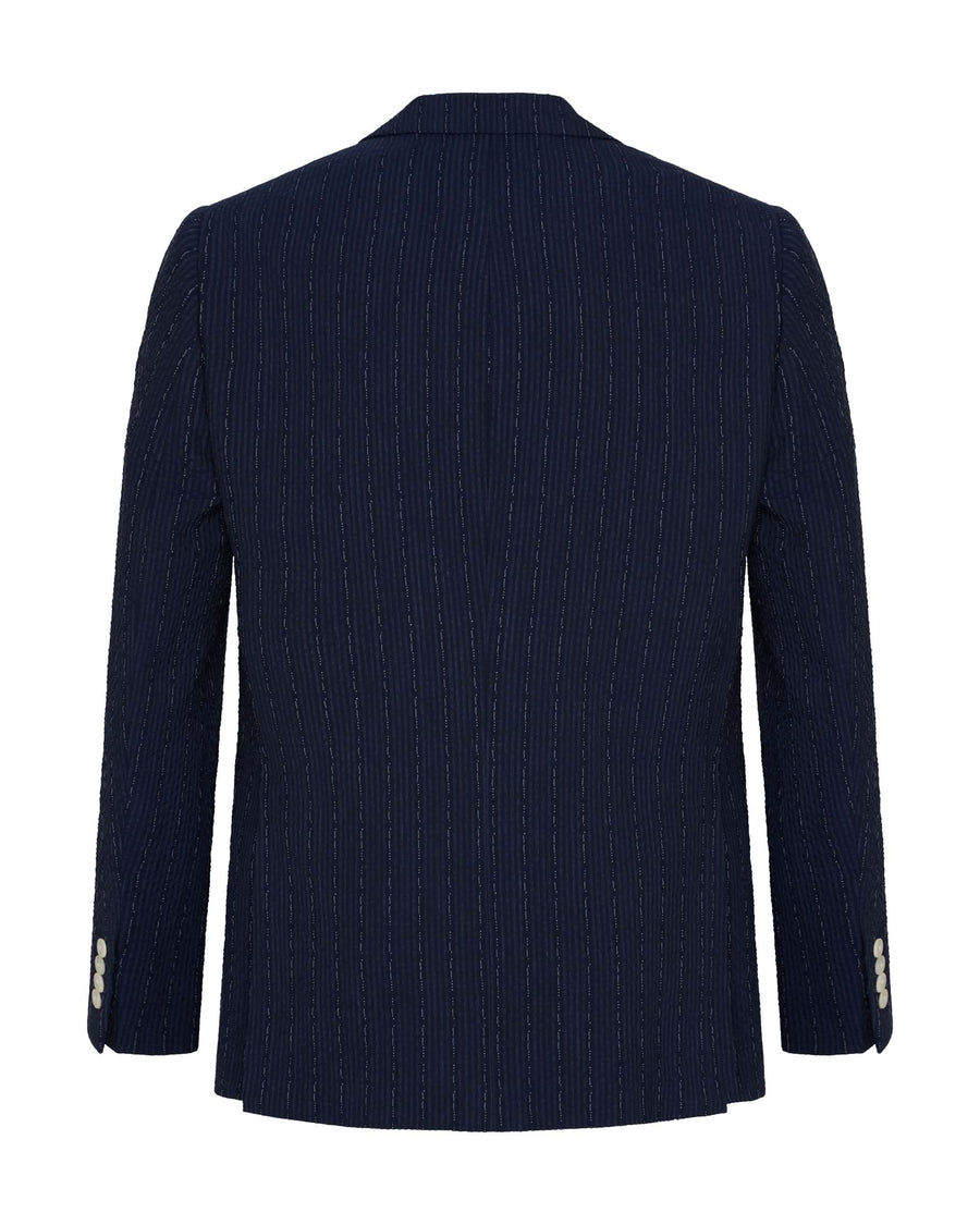 Harrison Virgin Wool Silk Linen Stretch Seersucker Suit Jacket Navy Morse Code