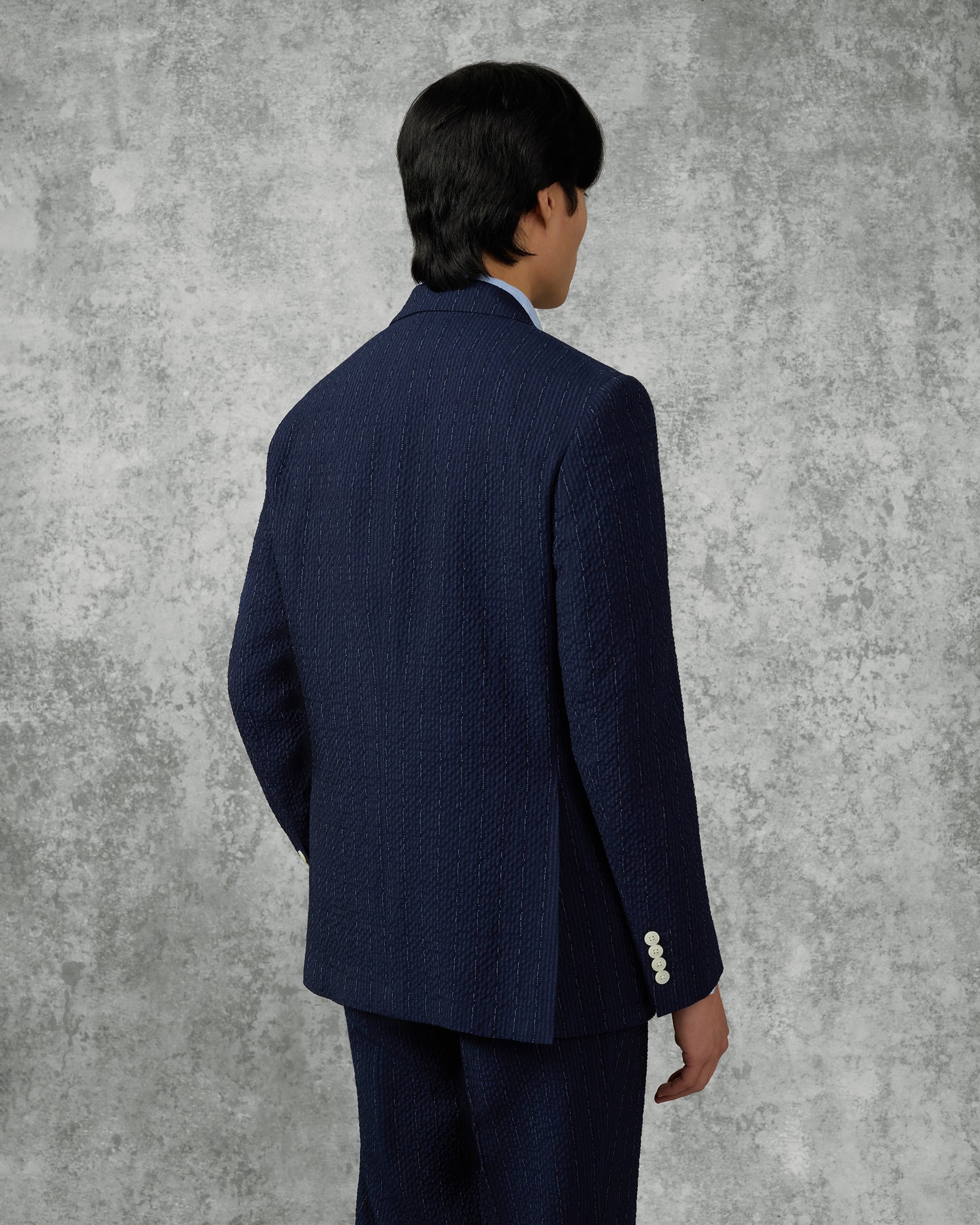 Harrison Virgin Wool Silk Linen Elastane Seersucker Suit Jacket Navy Morse Code