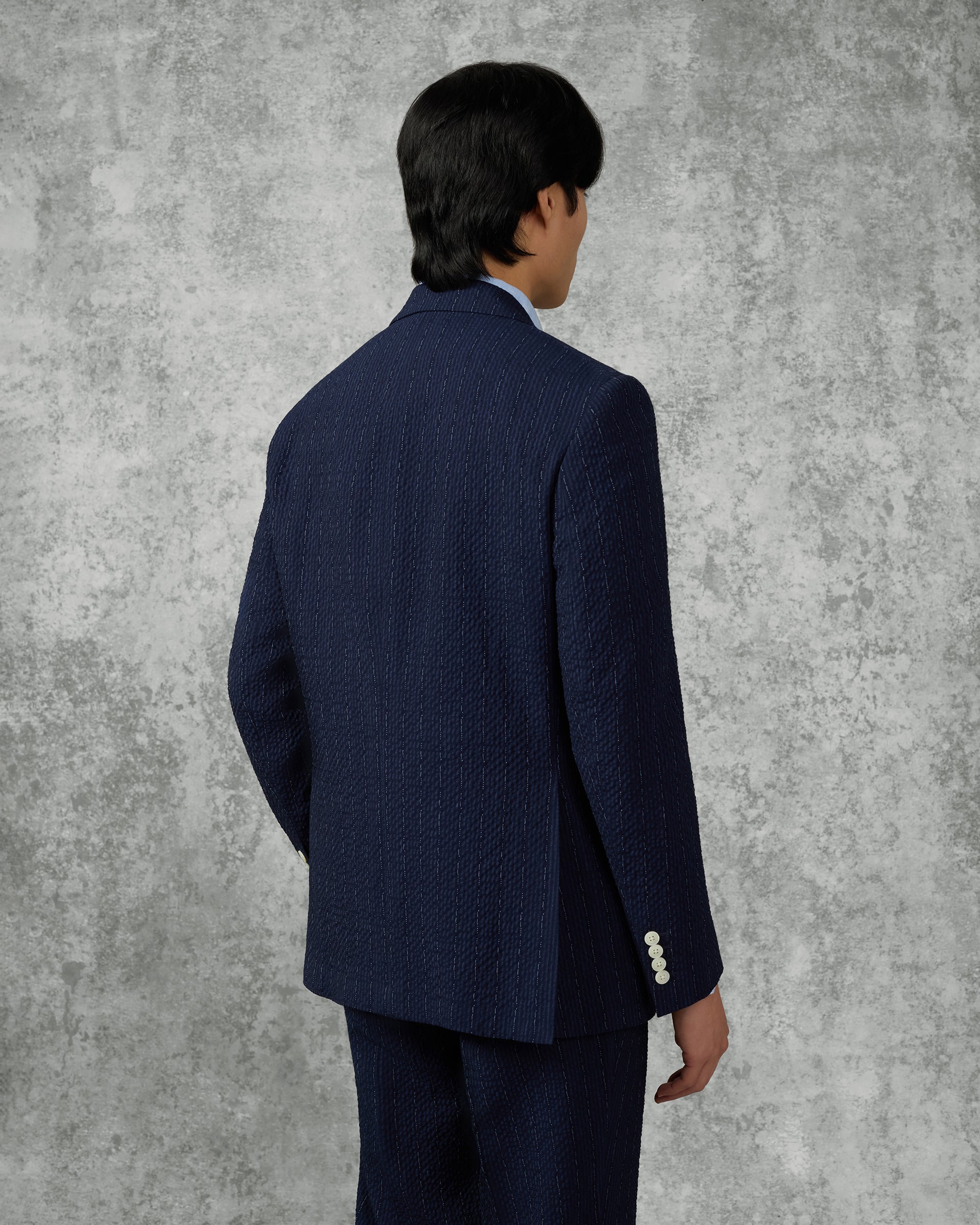 Harrison Virgin Wool Silk Linen Elastane Seersucker Suit Jacket Navy Morse Code