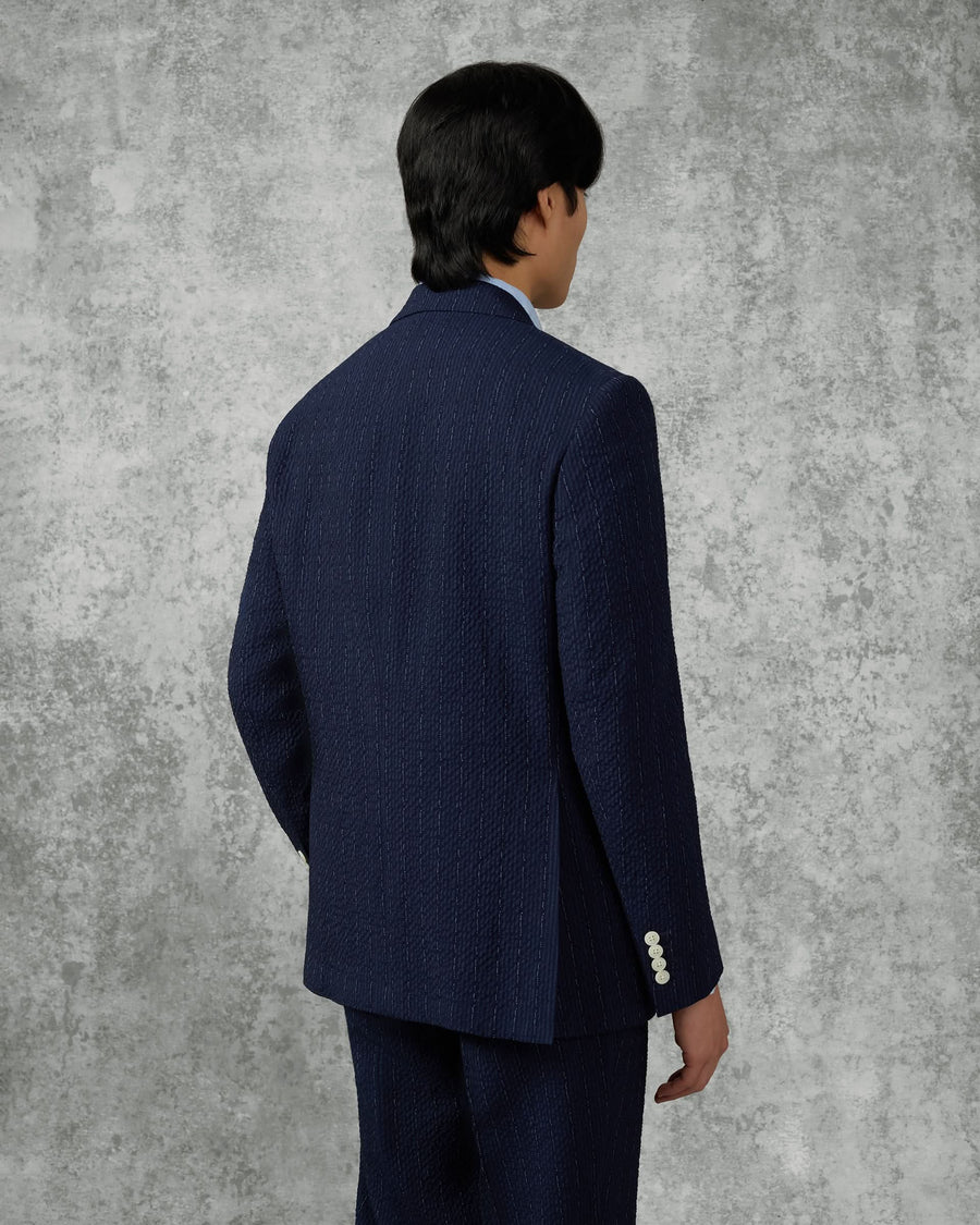 Harrison Virgin Wool Silk Linen Stretch Seersucker Suit Jacket Navy Morse Code