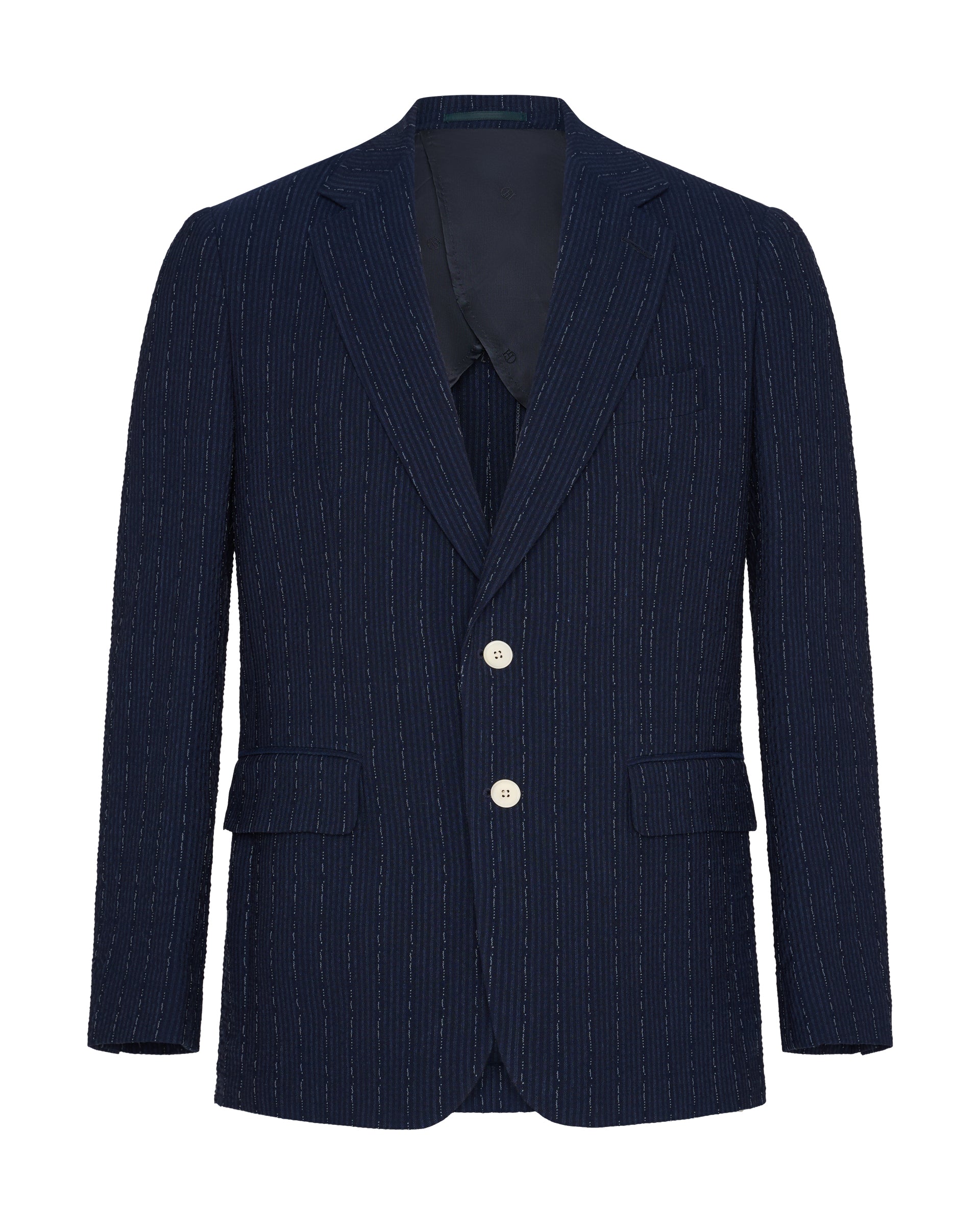Harrison Virgin Wool Silk Linen Elastane Seersucker Suit Jacket Navy Morse Code