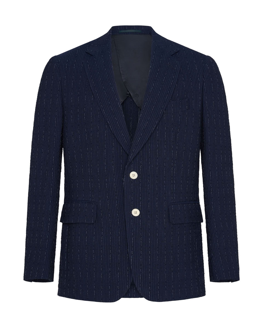 Harrison Virgin Wool Silk Linen Stretch Seersucker Suit Jacket Navy Morse Code