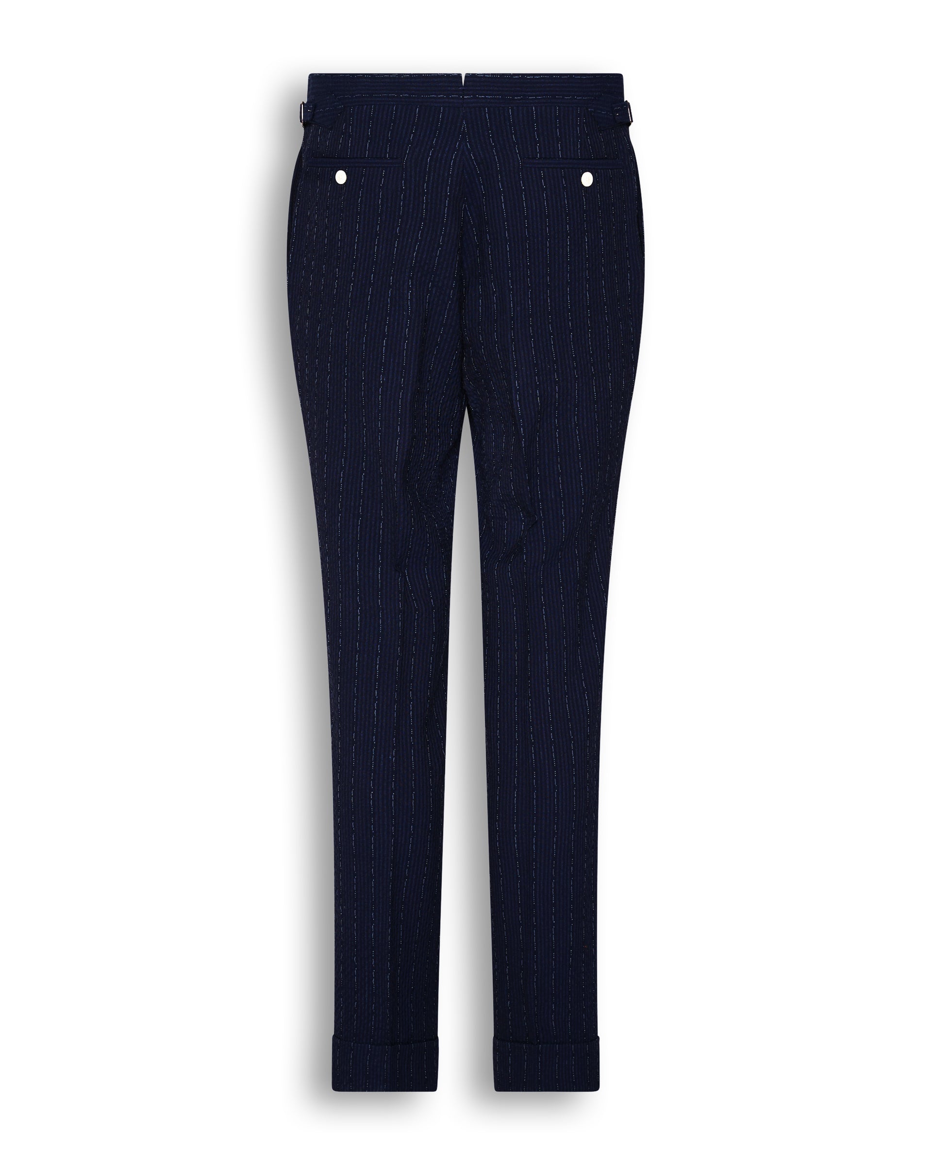 Harrison Virgin Wool Silk Linen Elastane Seersucker Morse Code Suit Trouser Navy