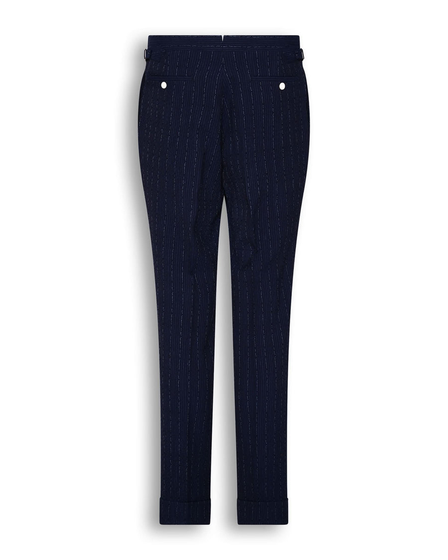 Harrison Virgin Wool Silk Linen Stretch Seersucker Morse Code Suit Pant Navy