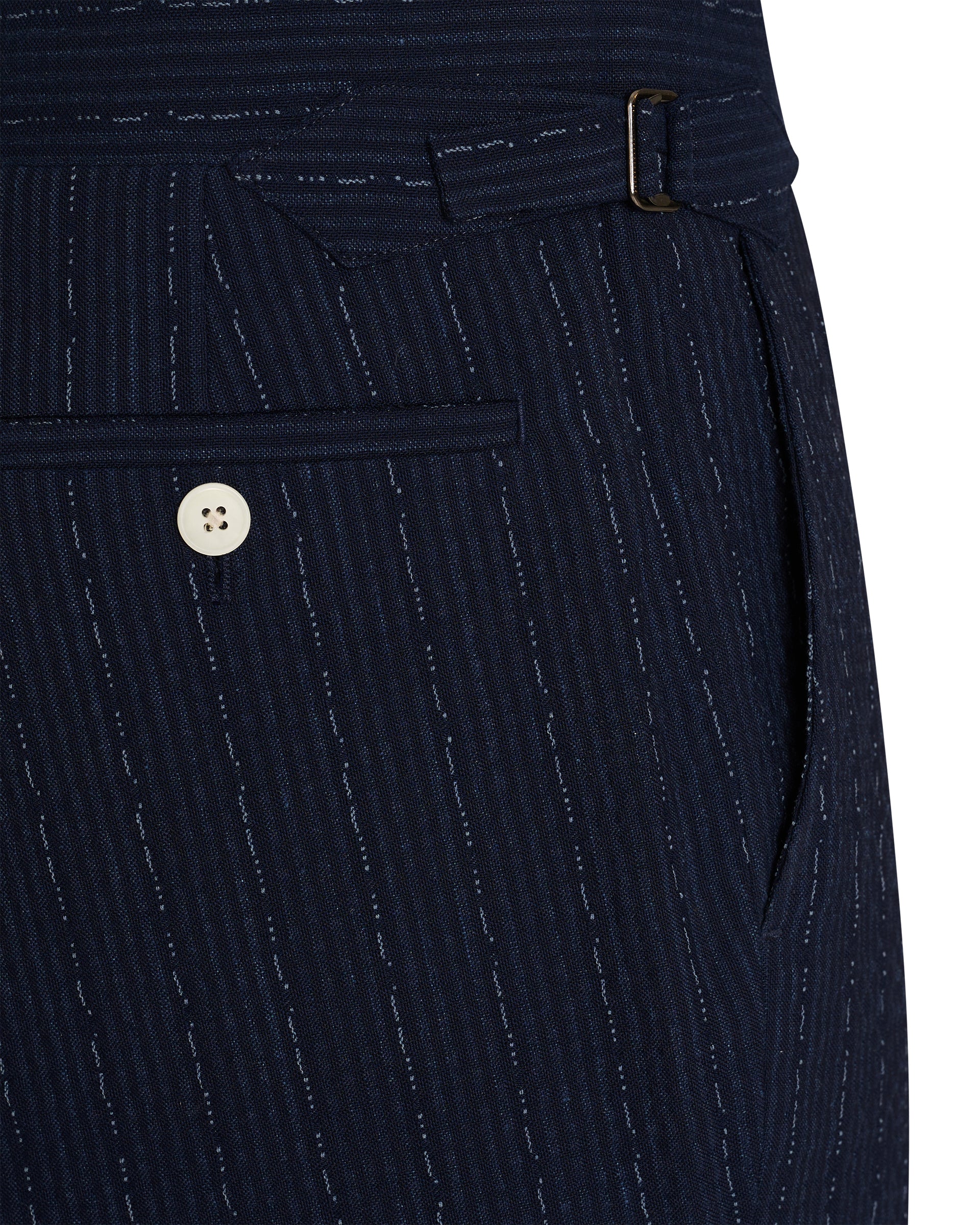 Harrison Virgin Wool Silk Linen Elastane Seersucker Morse Code Suit Trouser Navy