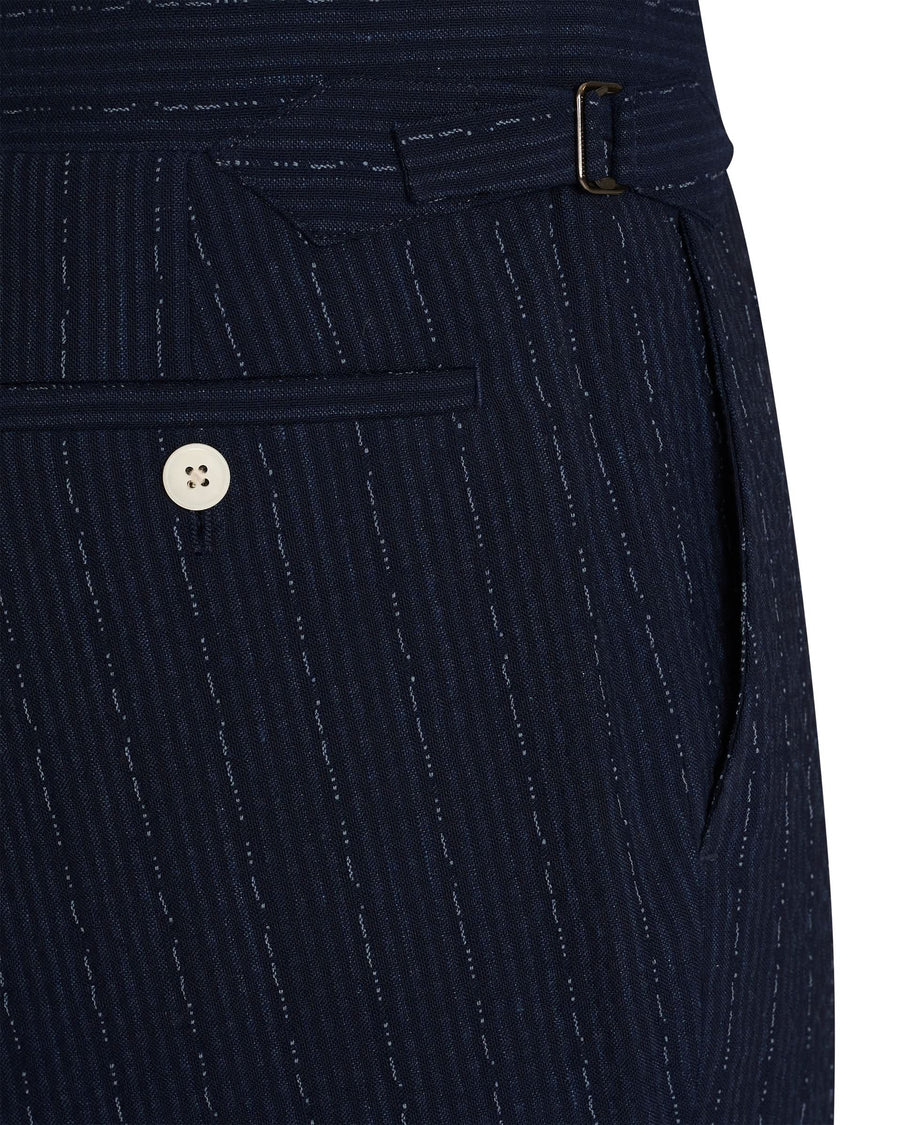 Harrison Virgin Wool Silk Linen Stretch Seersucker Morse Code Suit Pant Navy