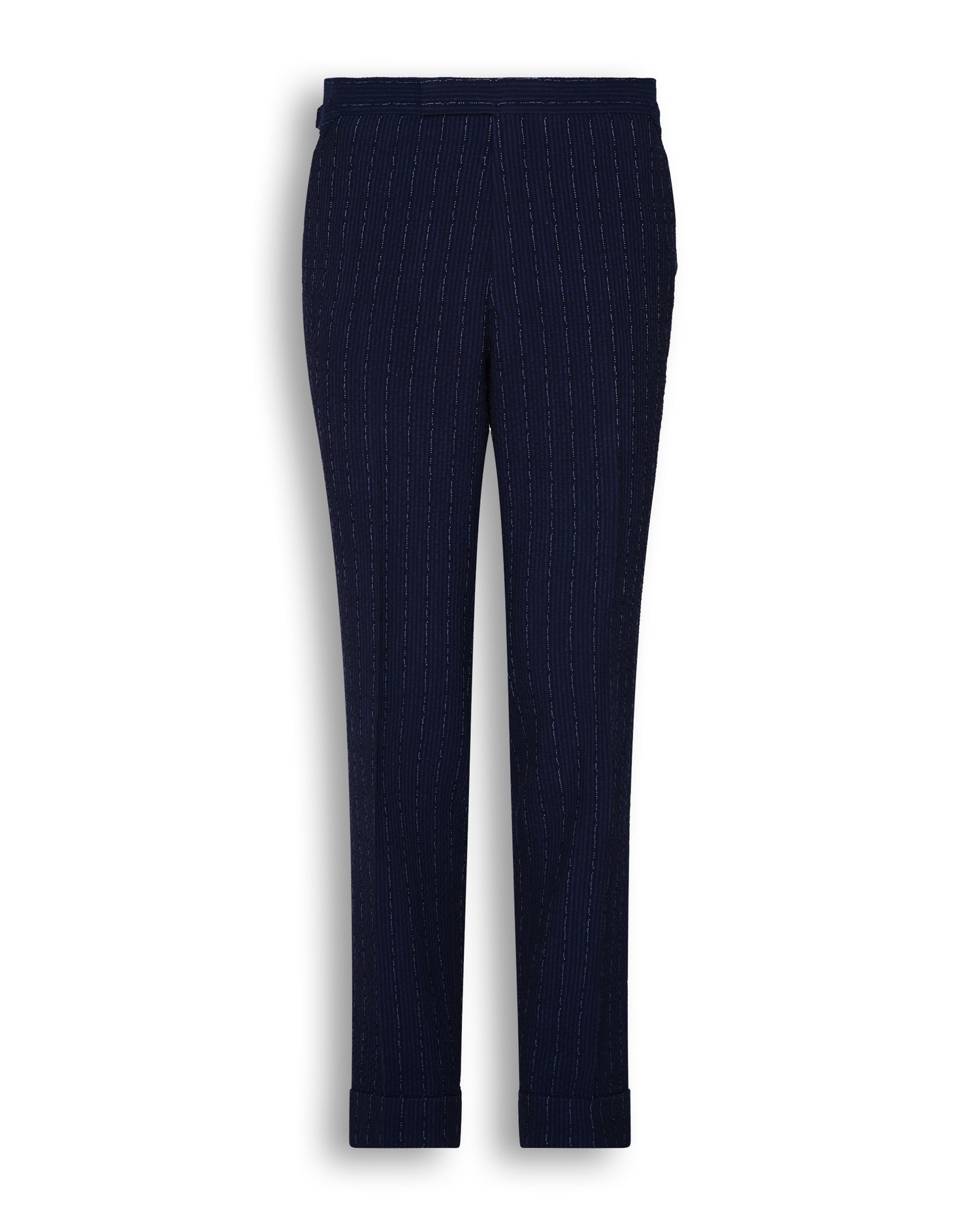 Harrison Virgin Wool Silk Linen Elastane Seersucker Morse Code Suit Trouser Navy