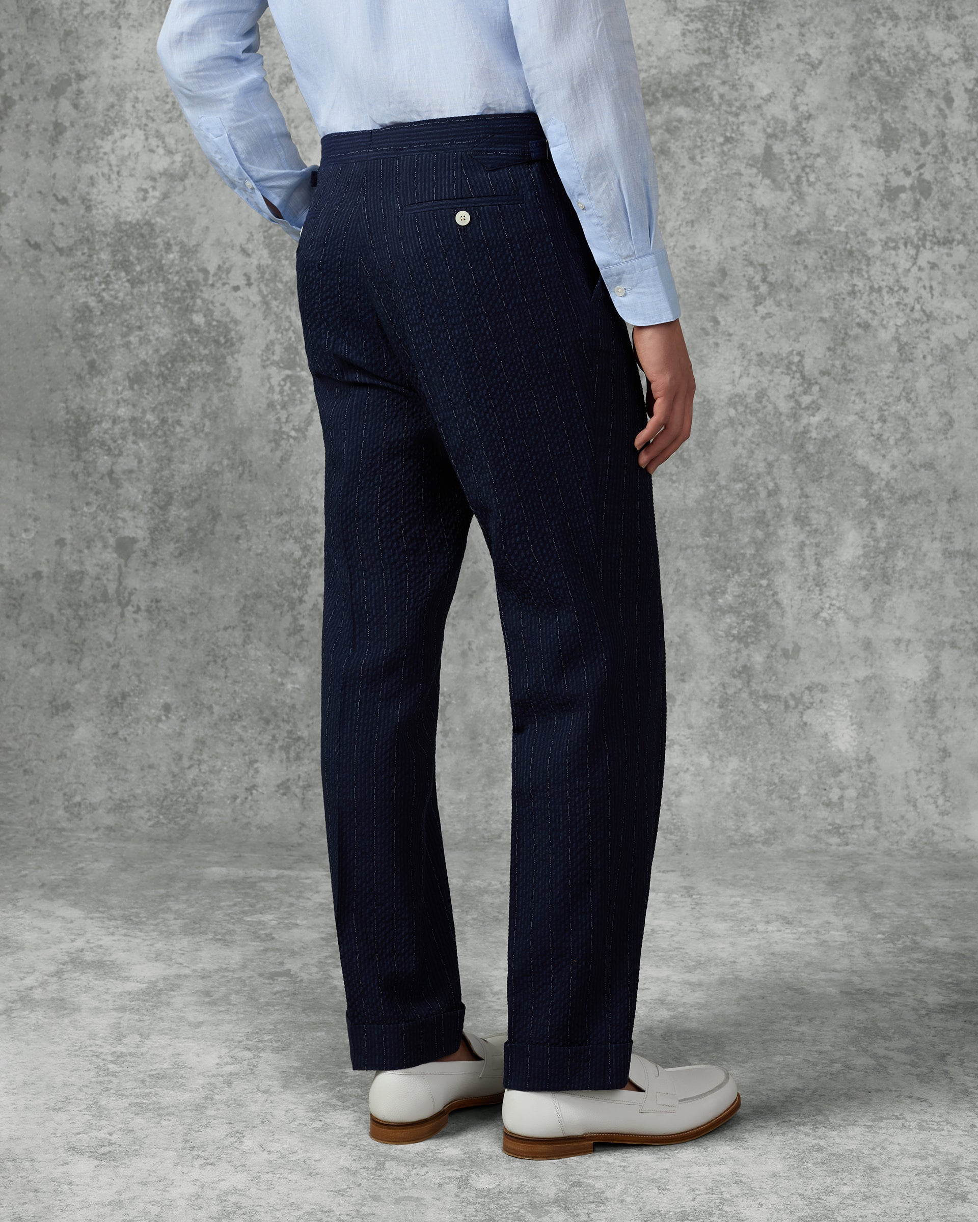 Harrison Virgin Wool Silk Linen Elastane Seersucker Morse Code Suit Trouser Navy
