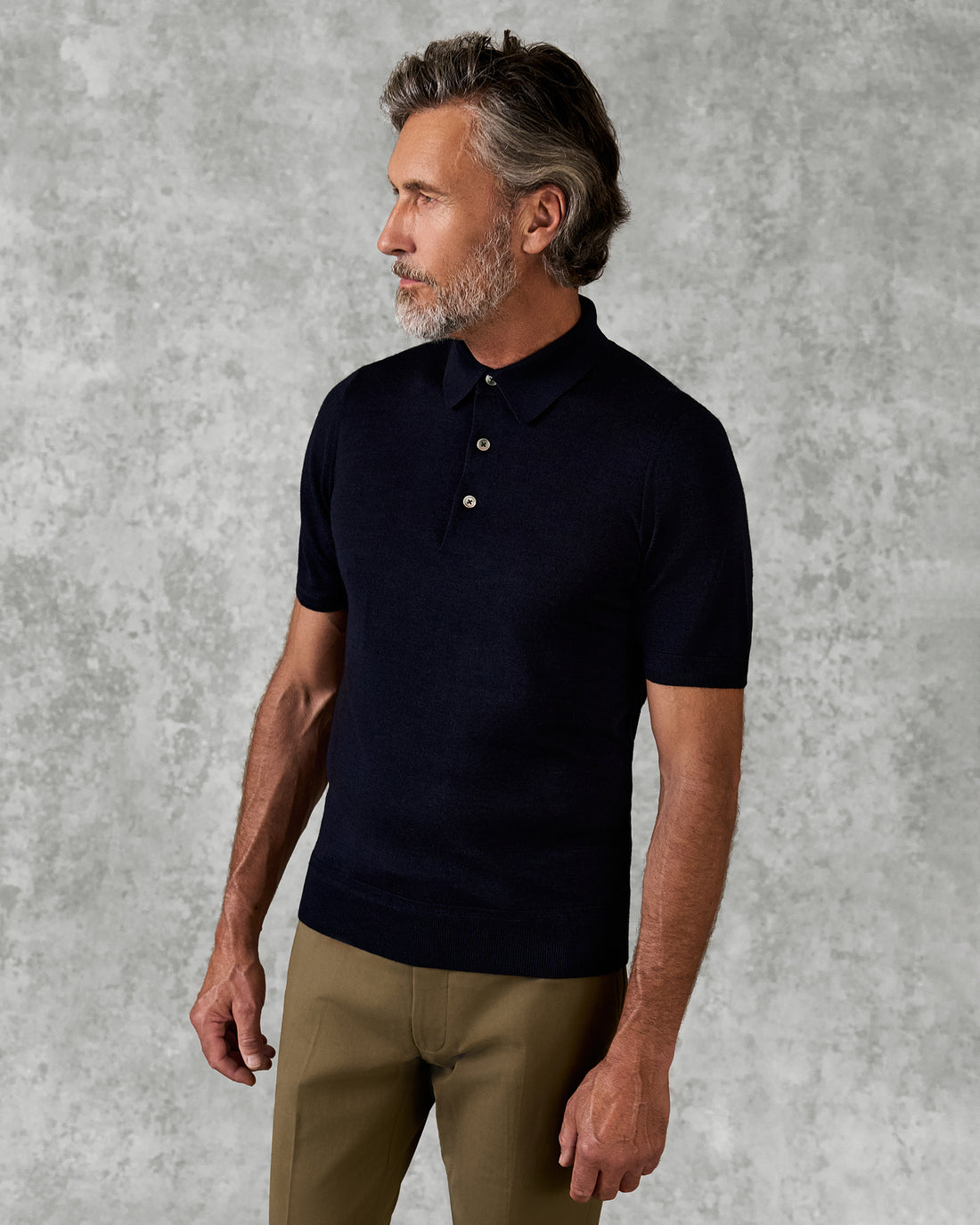 Dicken Short Sleeve Merino Wool Silk &amp; Cashmere Polo Knit Navy