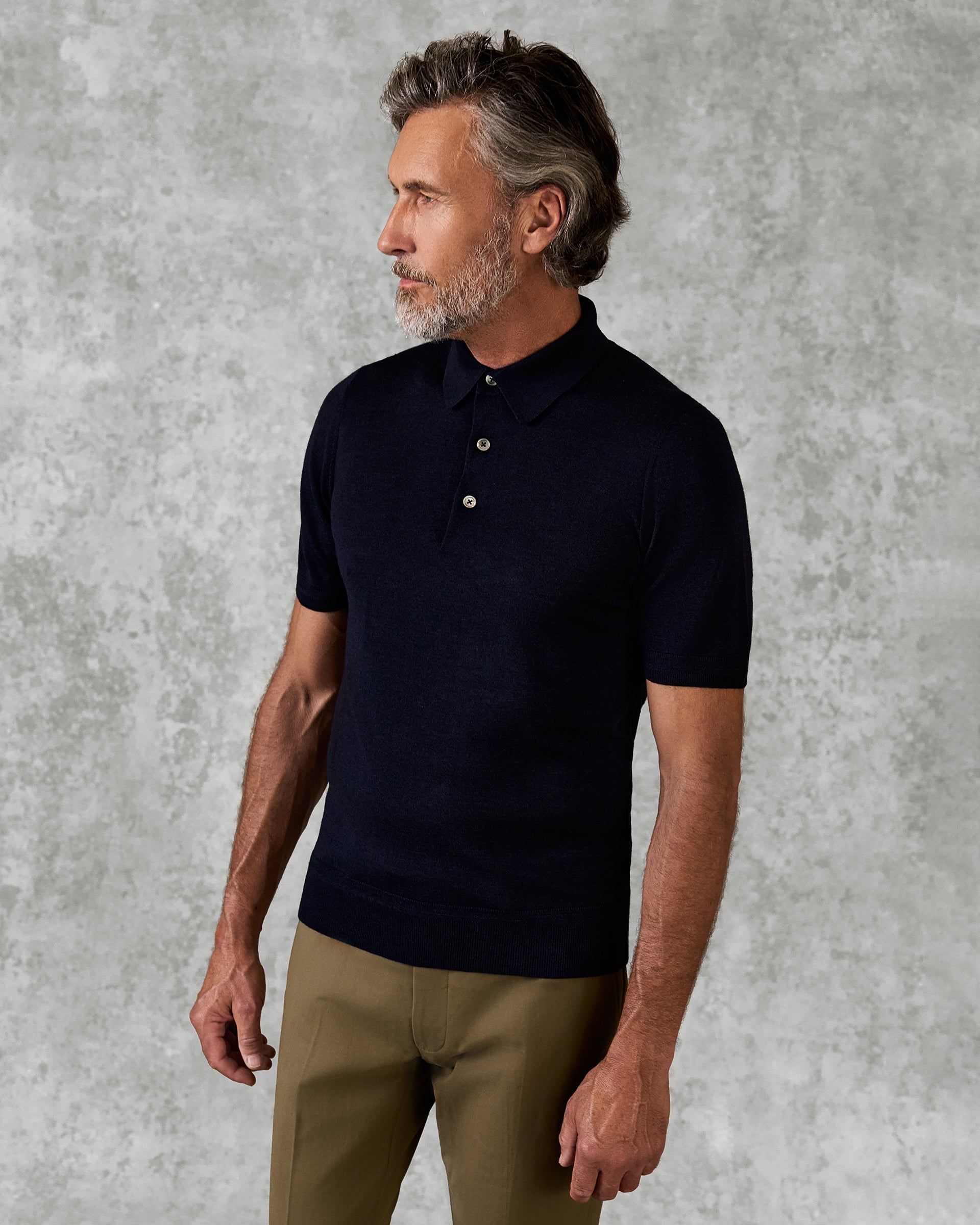 Dicken Short Sleeve Merino Wool Silk &amp; Cashmere Polo Knit Navy