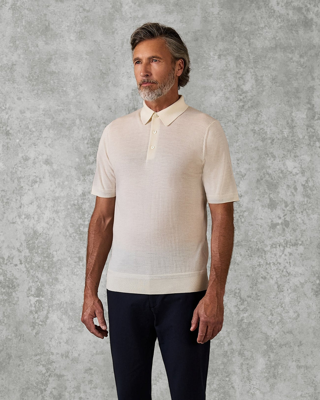 Dicken Short Sleeve Merino Wool Silk &amp; Cashmere Polo Knit Ecru