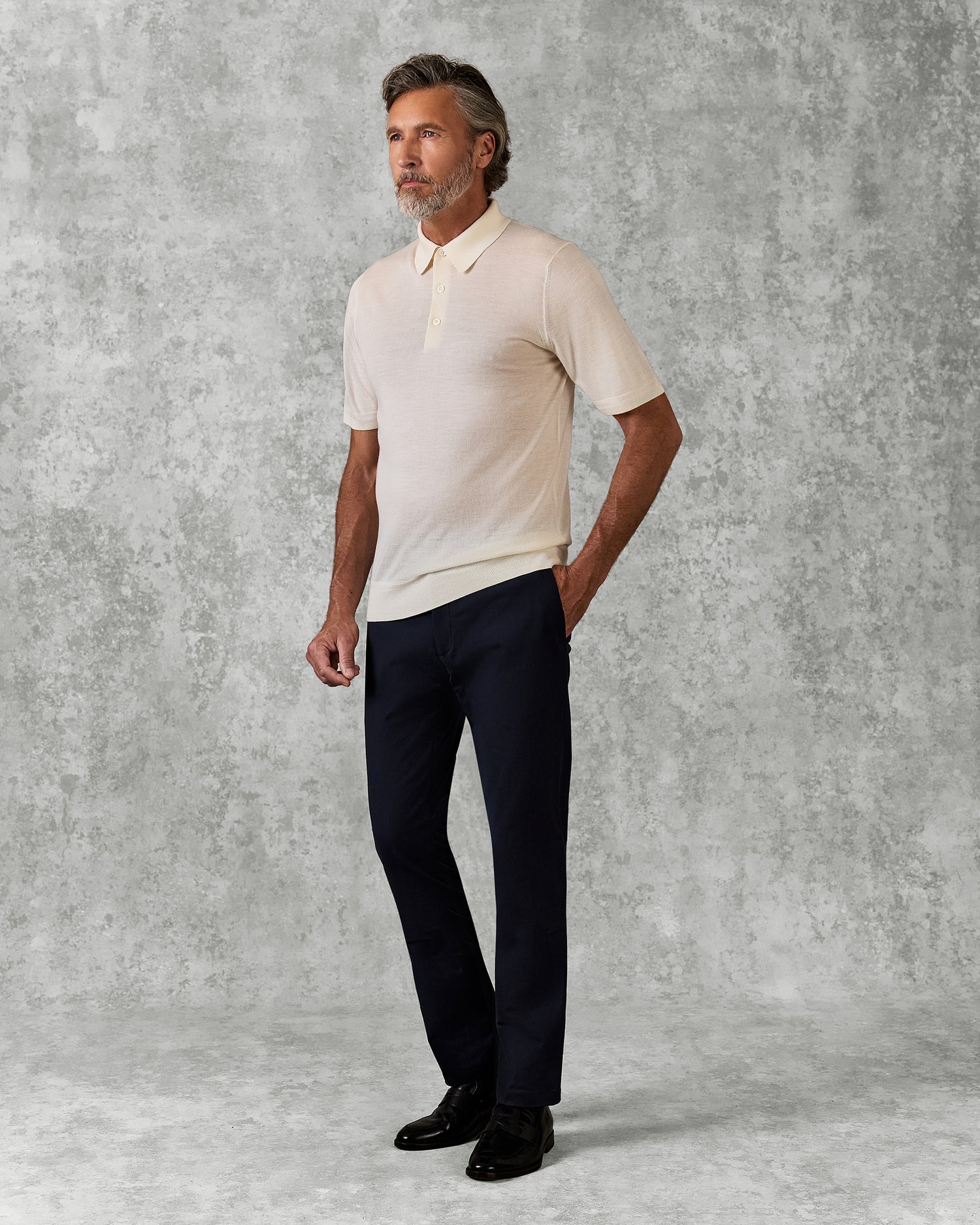 Dicken Short Sleeve Merino Wool Silk &amp; Cashmere Polo Knit Ecru