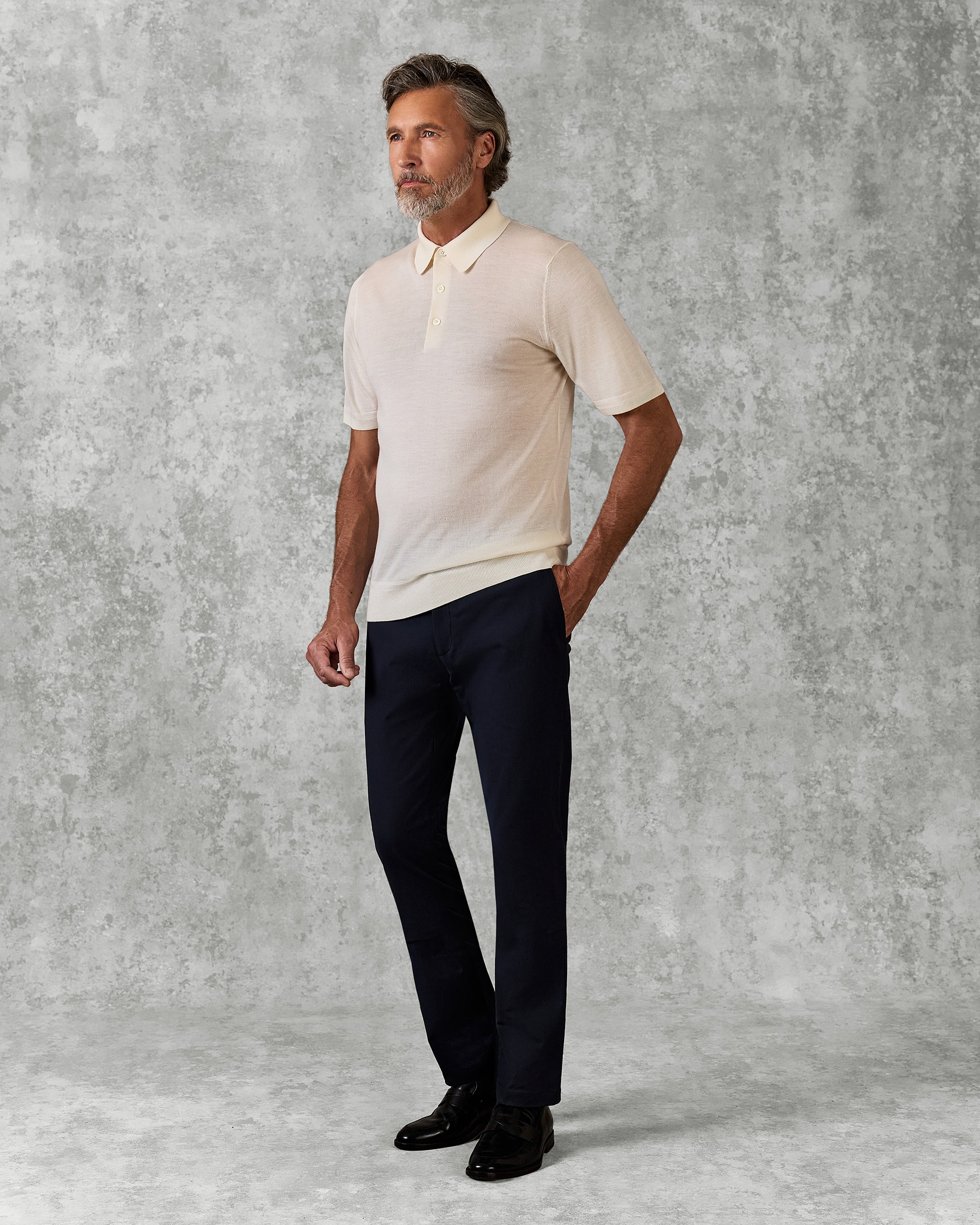 Dicken Short Sleeve Merino Wool Silk &amp; Cashmere Polo Knit Ecru