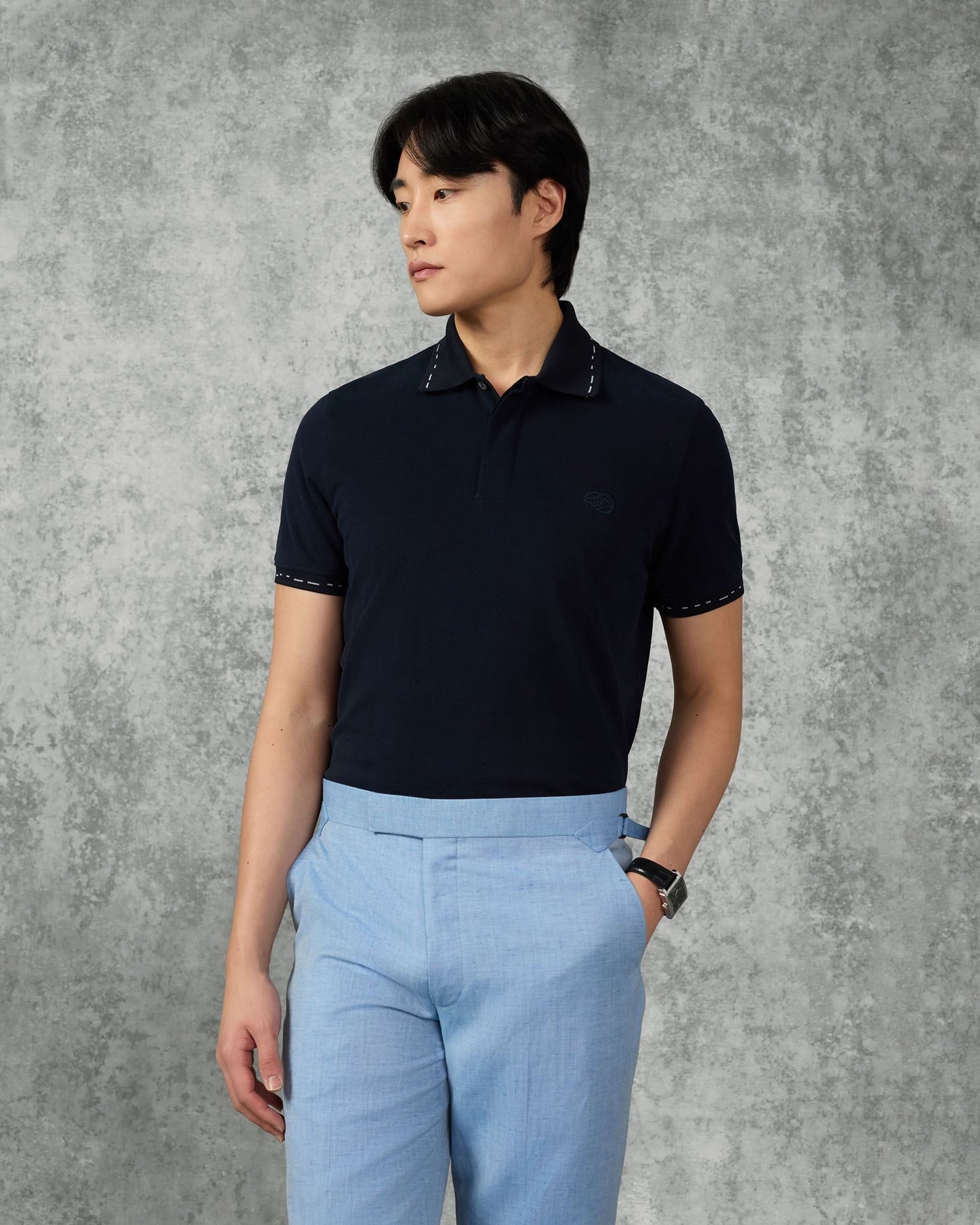 Martin Cotton &amp; Silk Short Sleeve Jersey Polo Shirt Navy