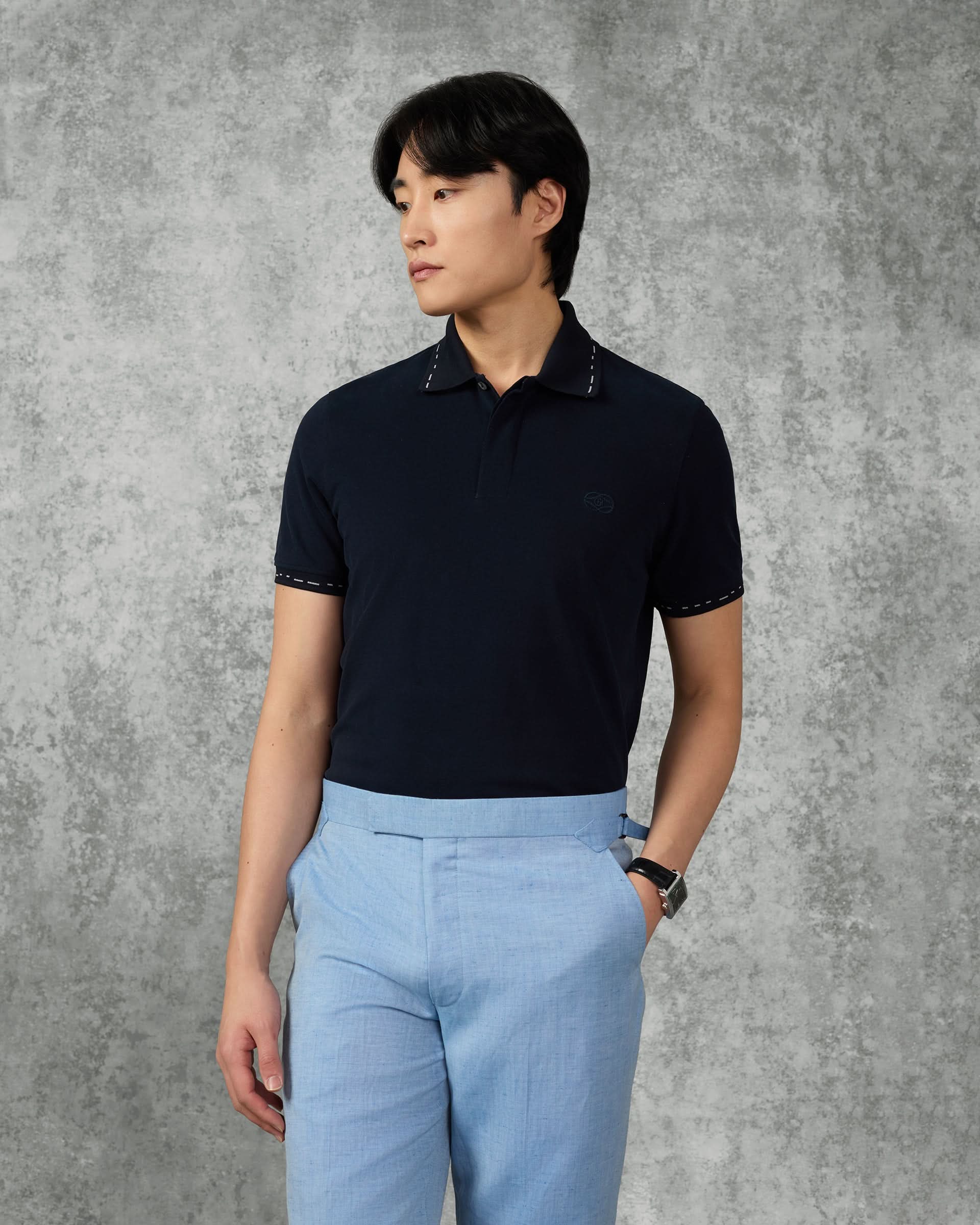 Martin Cotton &amp; Silk Short Sleeve Jersey Polo Shirt Navy