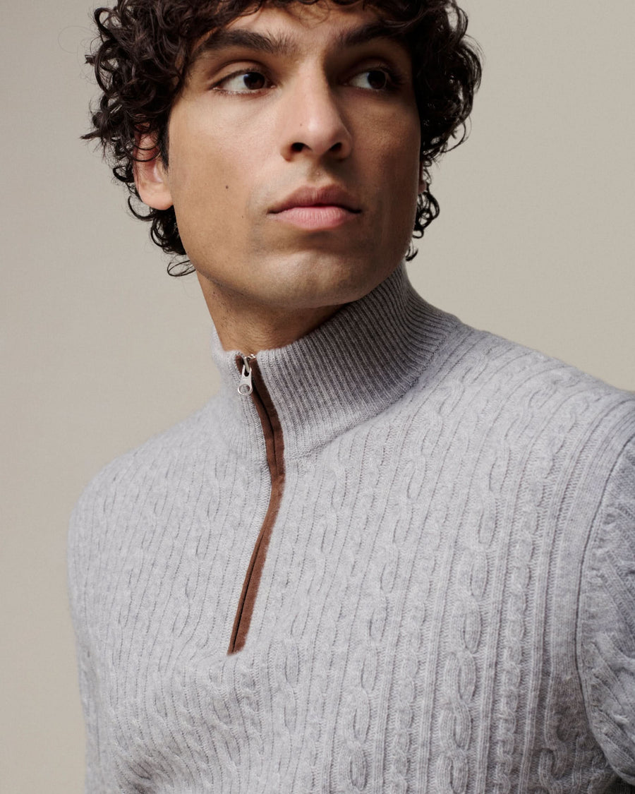 Rae Cable Merino Wool & Cashmere Quarter Zip Jumper Grey