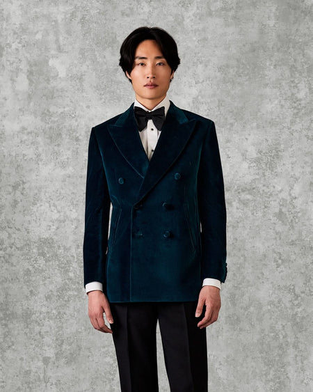 Dennis Cotton Velvet Double Breasted Dress Jacket Teal