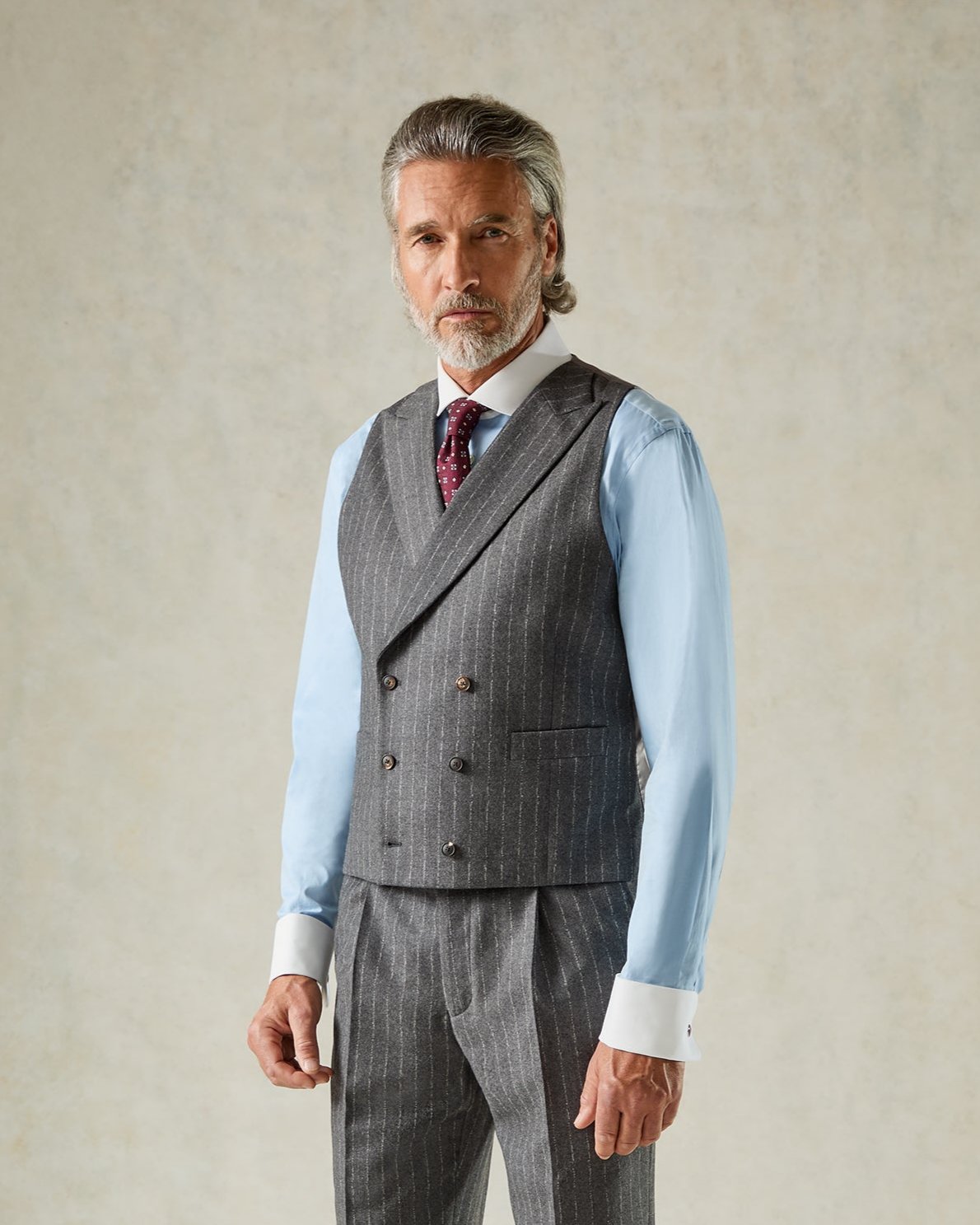 Markham Wool &amp; Cashmere Morse Code Stripe Suit Waistcoat Grey