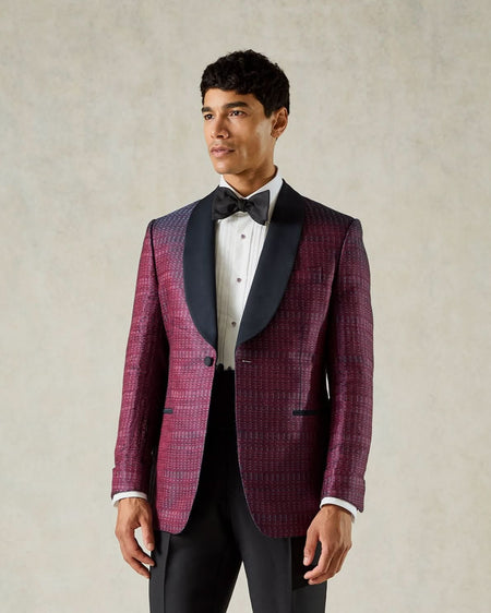Morse Silk Linen Jacquard Shawl Tuxedo Jacket Burgundy