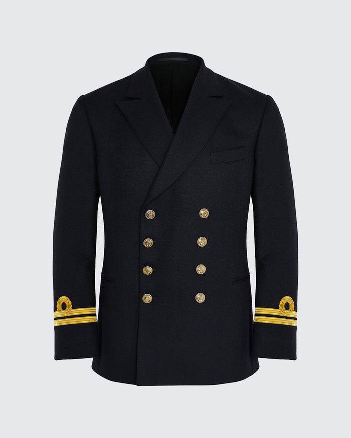 Men’s Royal Navy No. 1 uniform made with 2% gold lace and British wool.