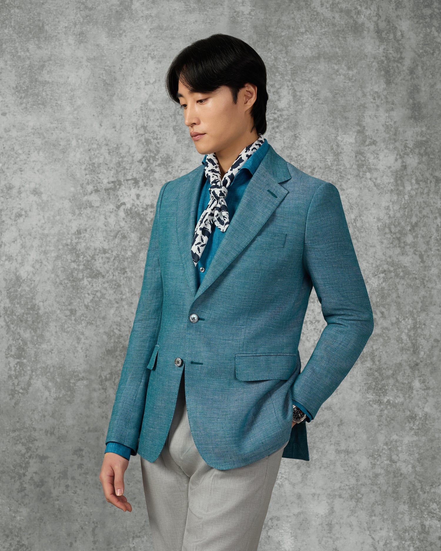 Reeves Virgin Wool &amp; Linen Herringbone Blazer Teal