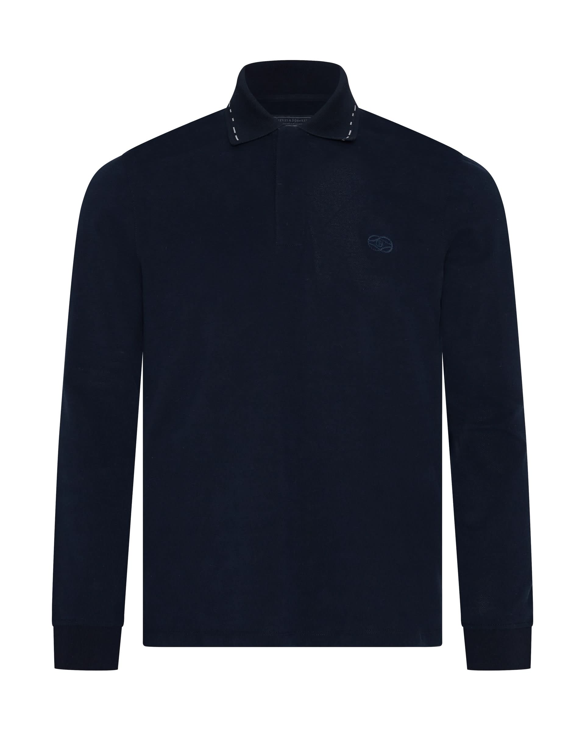Robinson Cotton &amp; Silk Long Sleeve Jersey Polo Shirt Navy
