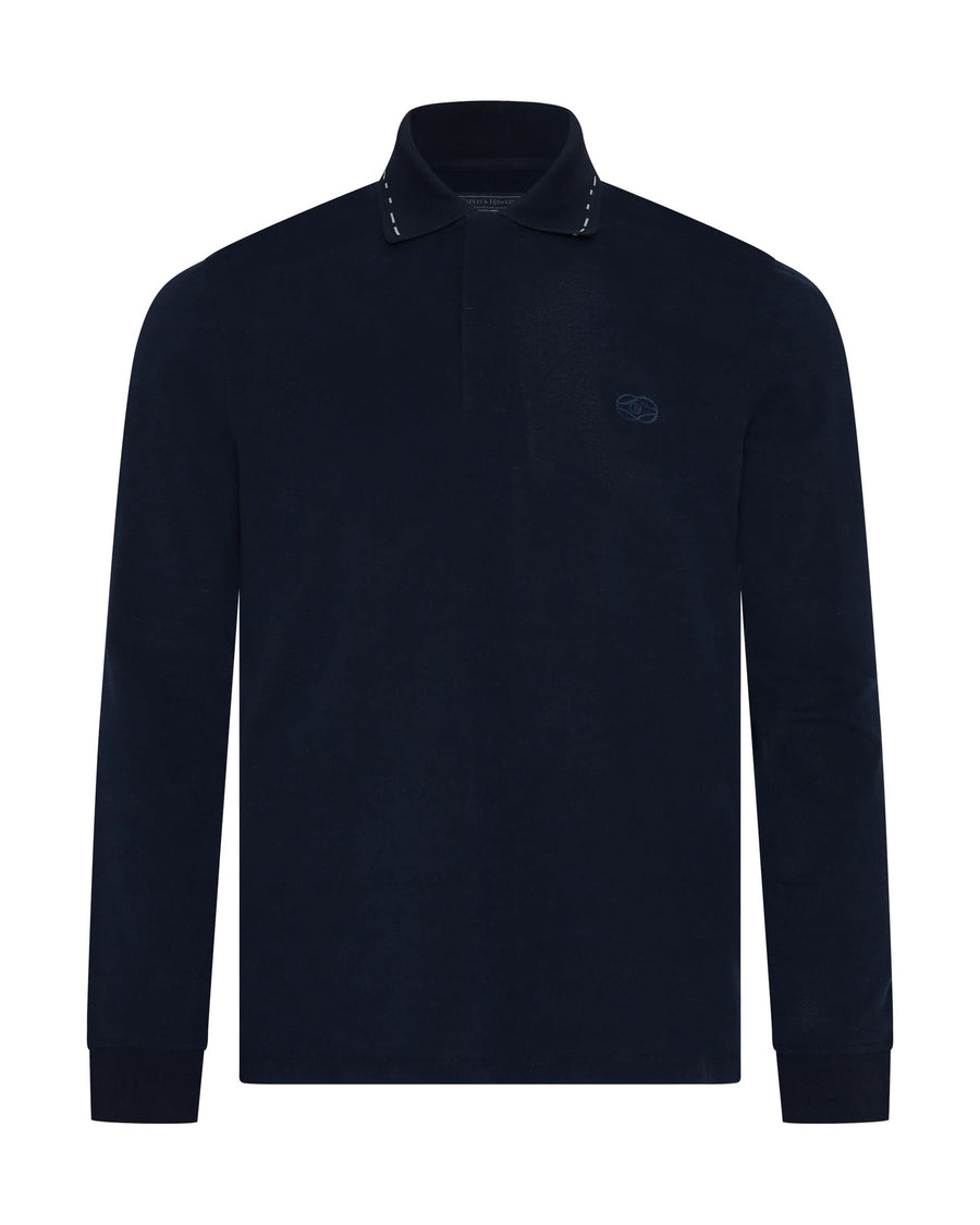 Robinson Cotton & Silk Long Sleeve Jersey Polo Shirt Navy