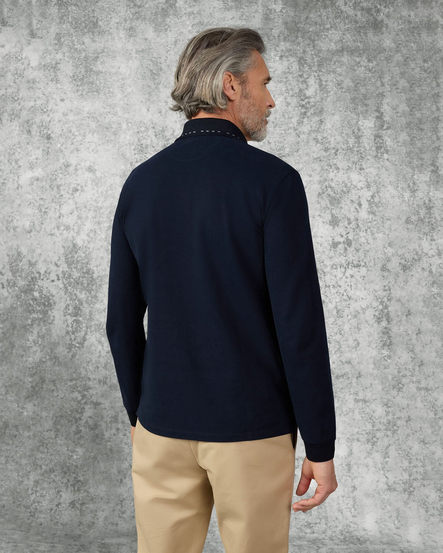 Robinson Cotton & Silk Long Sleeve Jersey Polo Shirt Navy