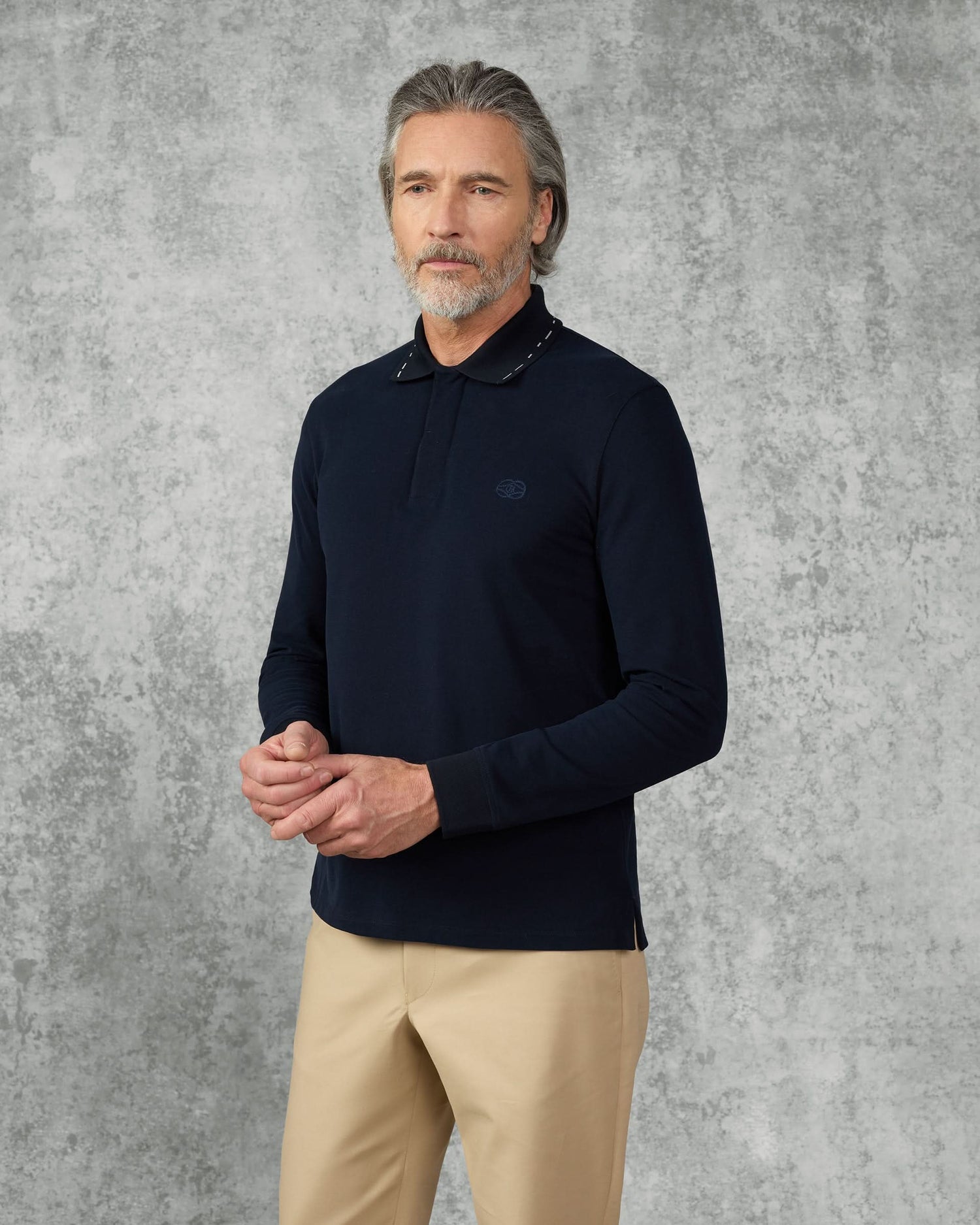 Robinson Cotton &amp; Silk Long Sleeve Jersey Polo Shirt Navy