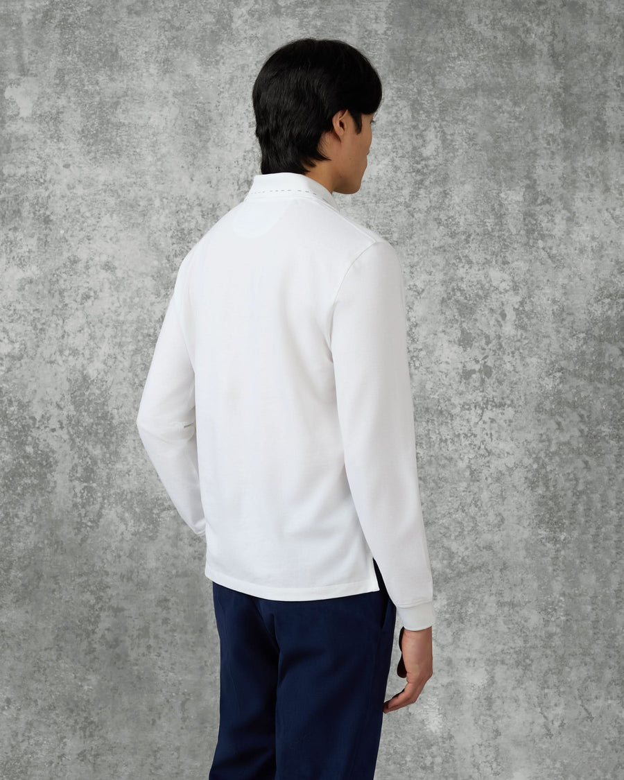 Robinson Cotton & Silk Long Sleeve Jersey Polo Shirt White