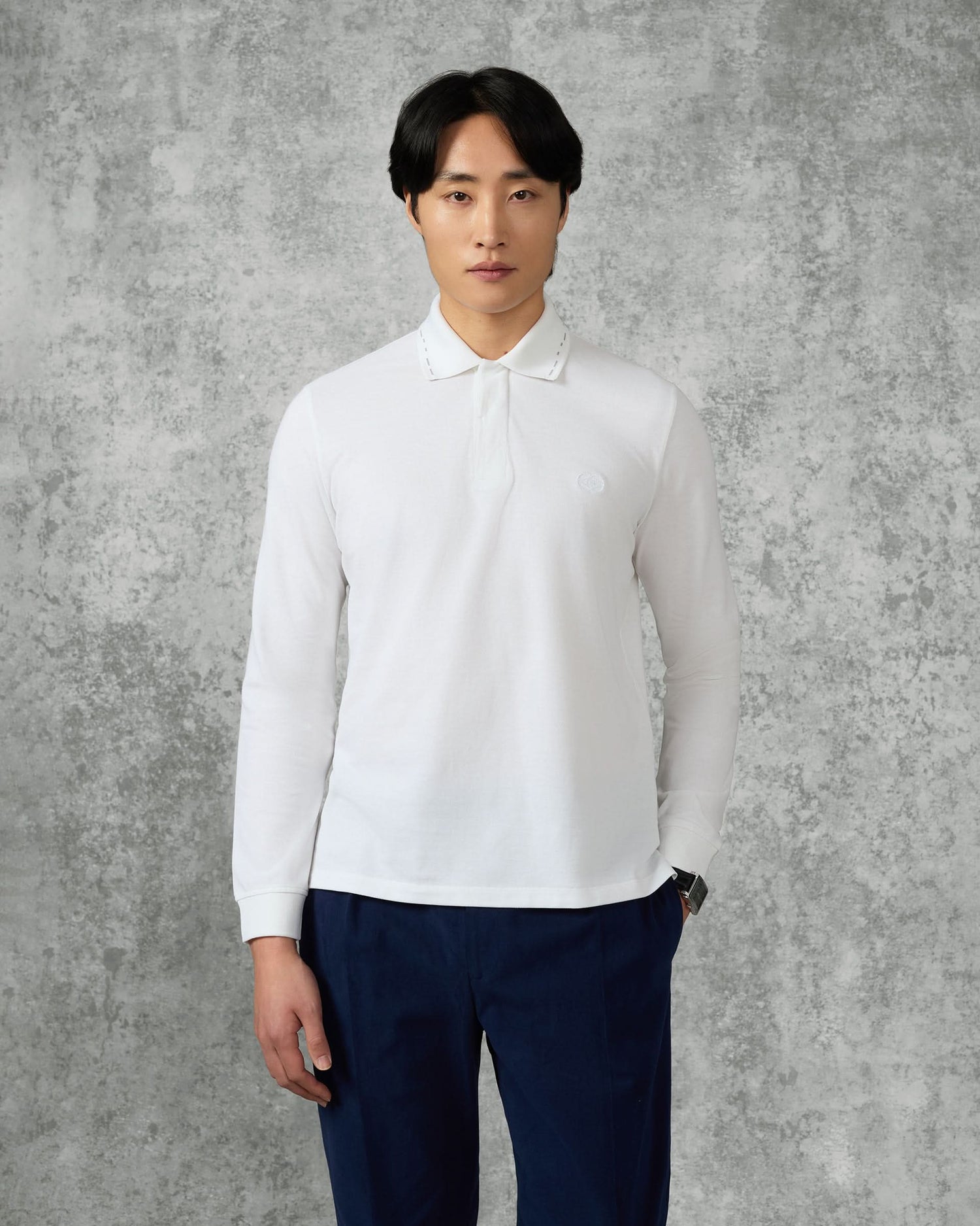 Robinson Cotton &amp; Silk Long Sleeve Jersey Polo Shirt White