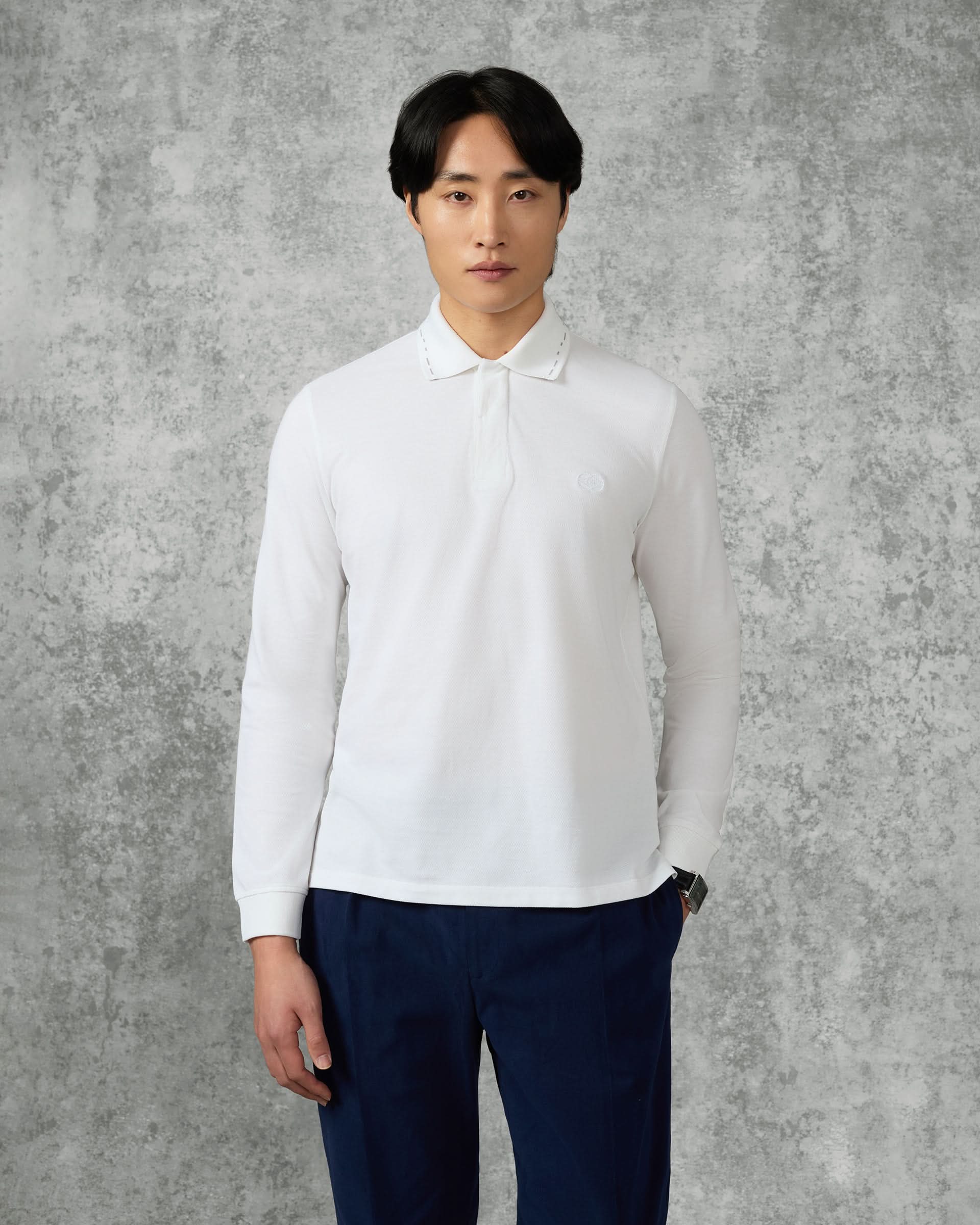 Robinson Cotton &amp; Silk Long Sleeve Jersey Polo Shirt White