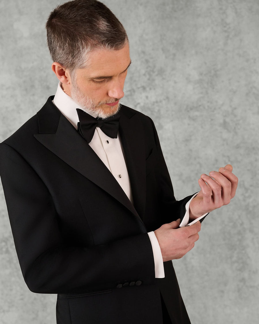 Shelford Wool Mohair Barathea Peak Lapel Tuxedo Black