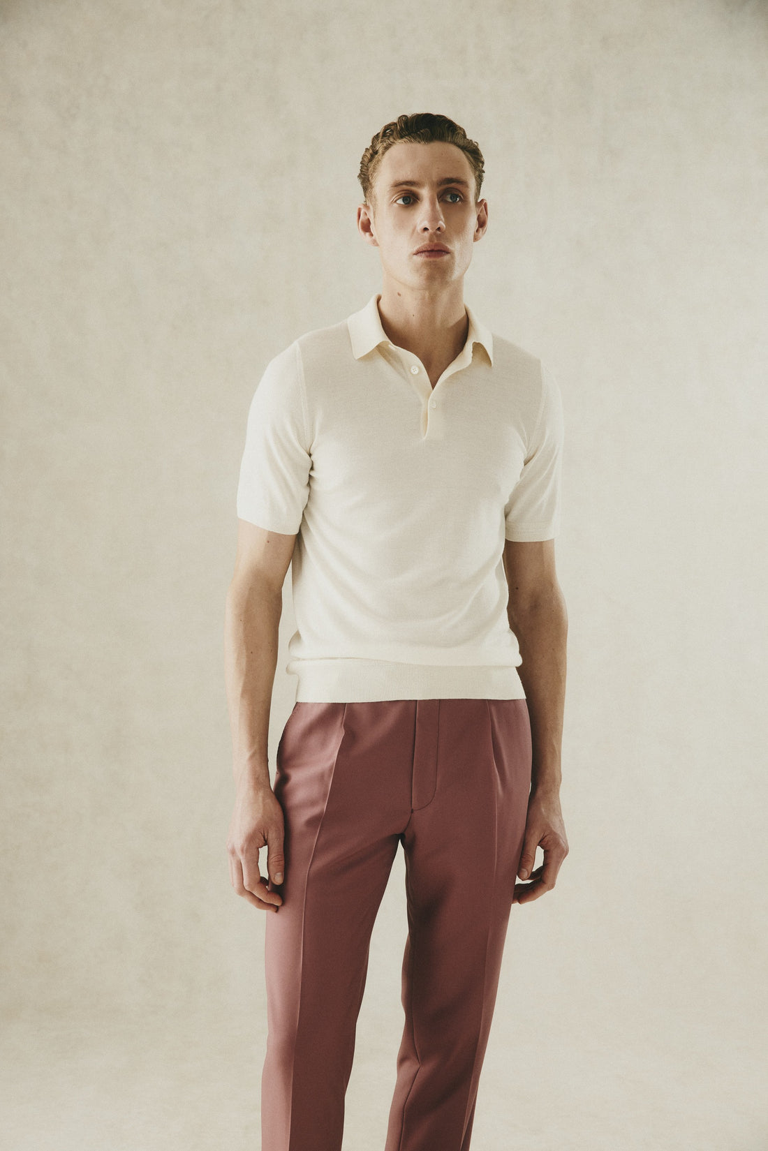 Dicken Short Sleeve Merino Wool Silk &amp; Cashmere Polo Knit Ecru
