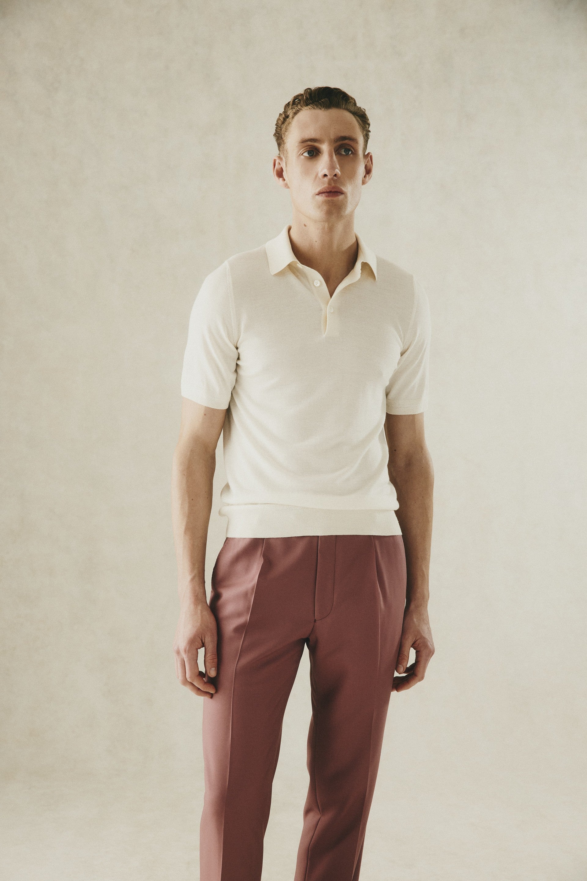 Dicken Short Sleeve Merino Wool Silk &amp; Cashmere Polo Knit Ecru